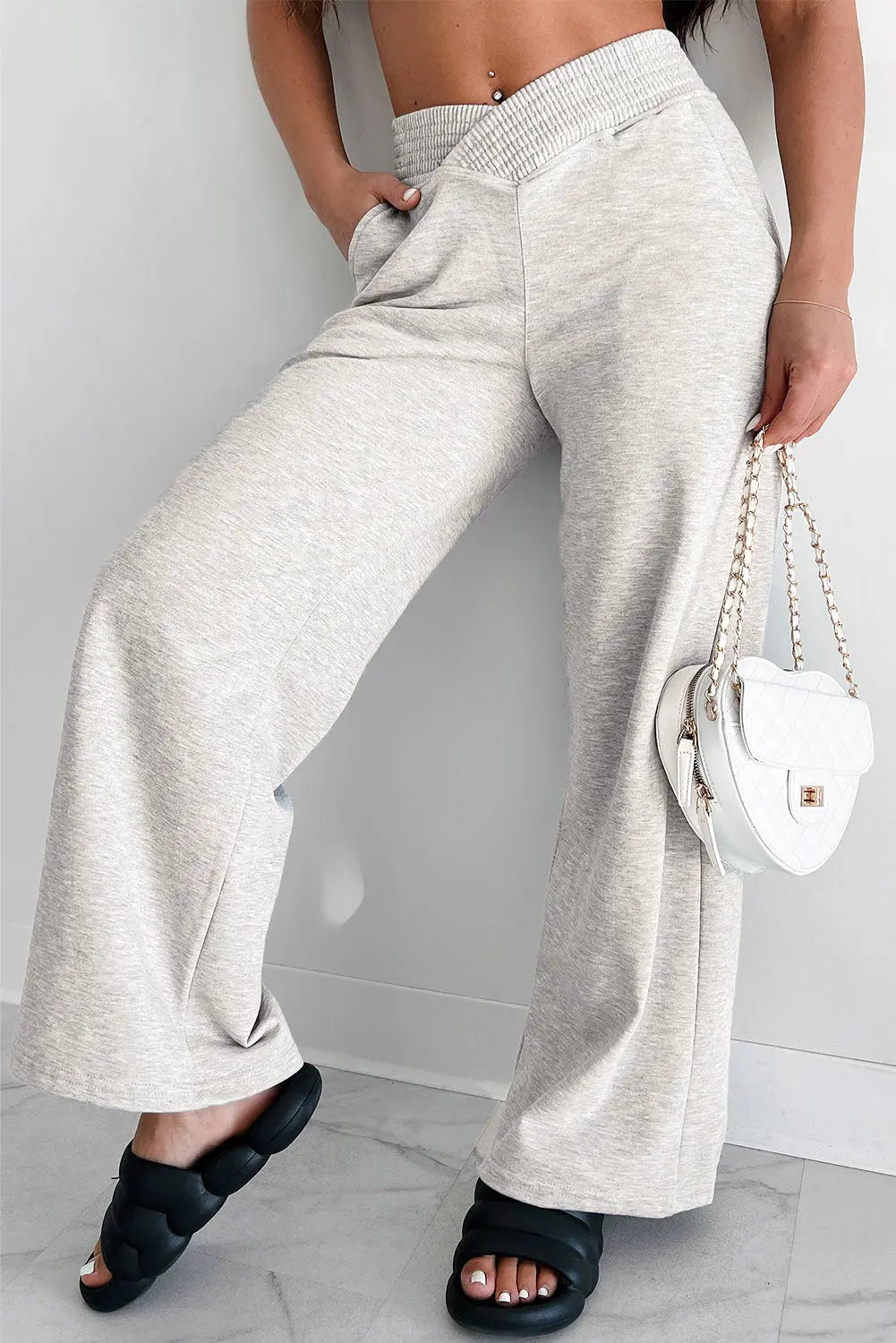 Light Grey Cross-Waist Wide Leg Lounge Trousers Beagle Boutique Fashion Outlet