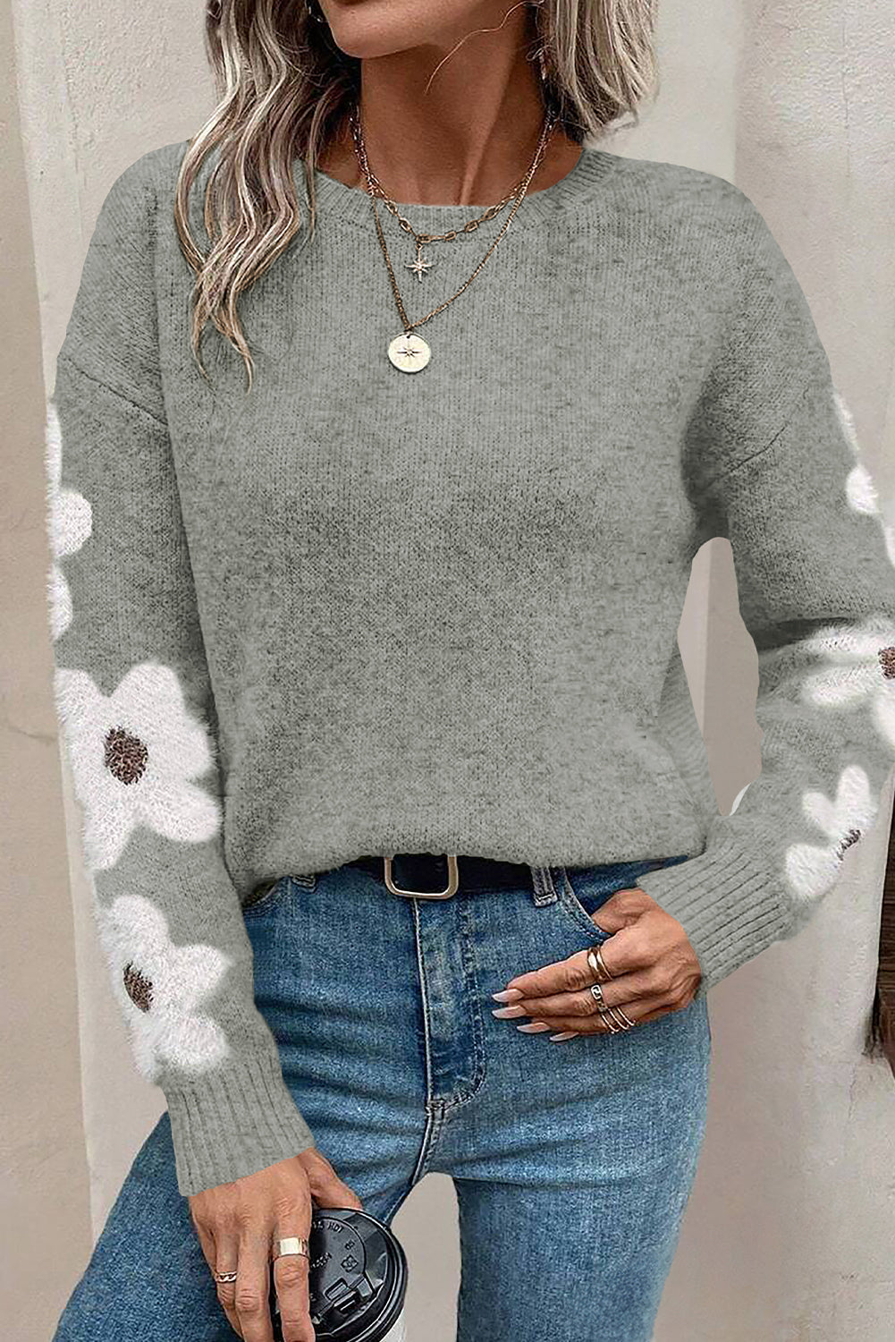 Light Grey Flower Sleeve Drop Shoulder Sweater - eAura