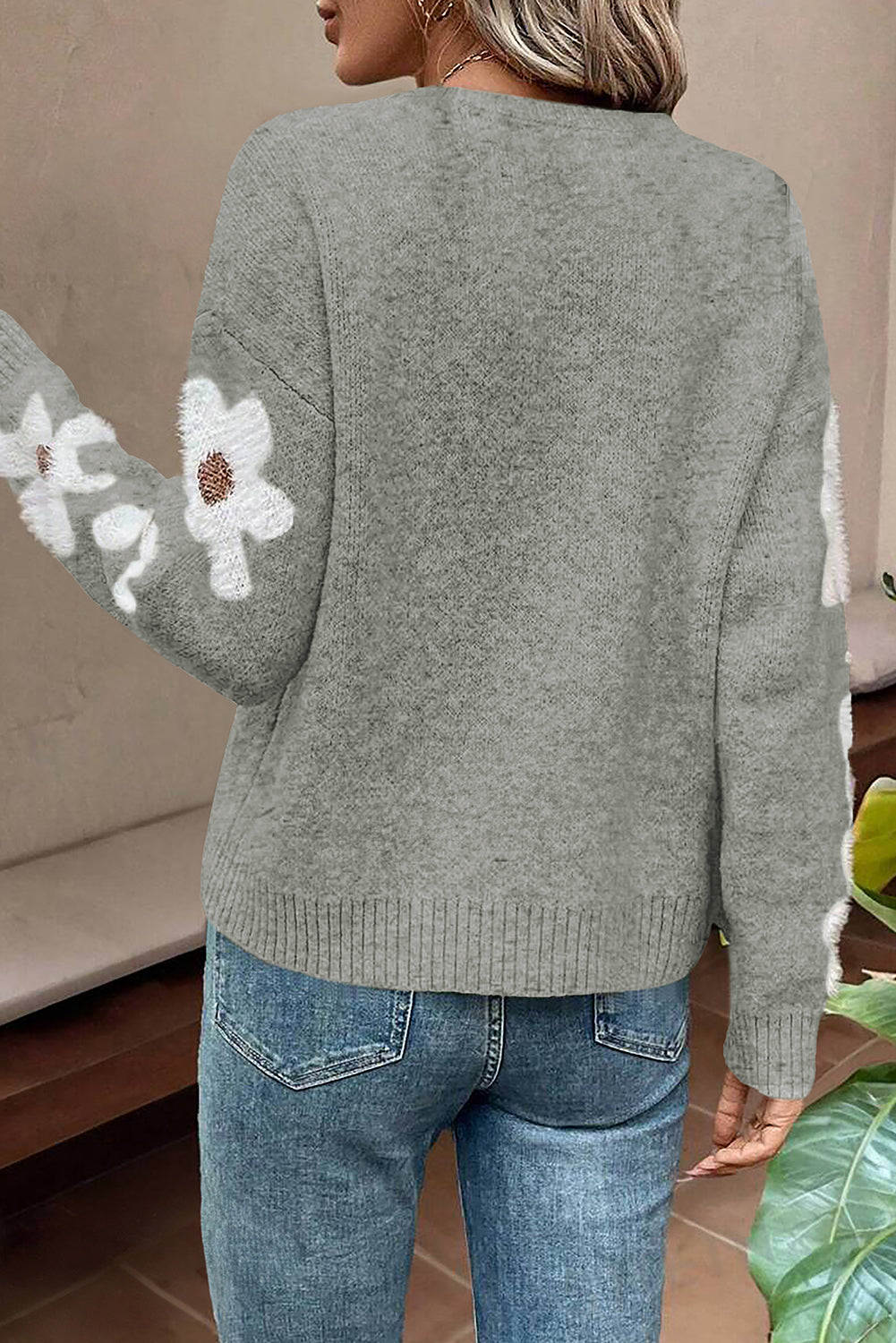 Light Grey Flower Sleeve Drop Shoulder Sweater - eAura