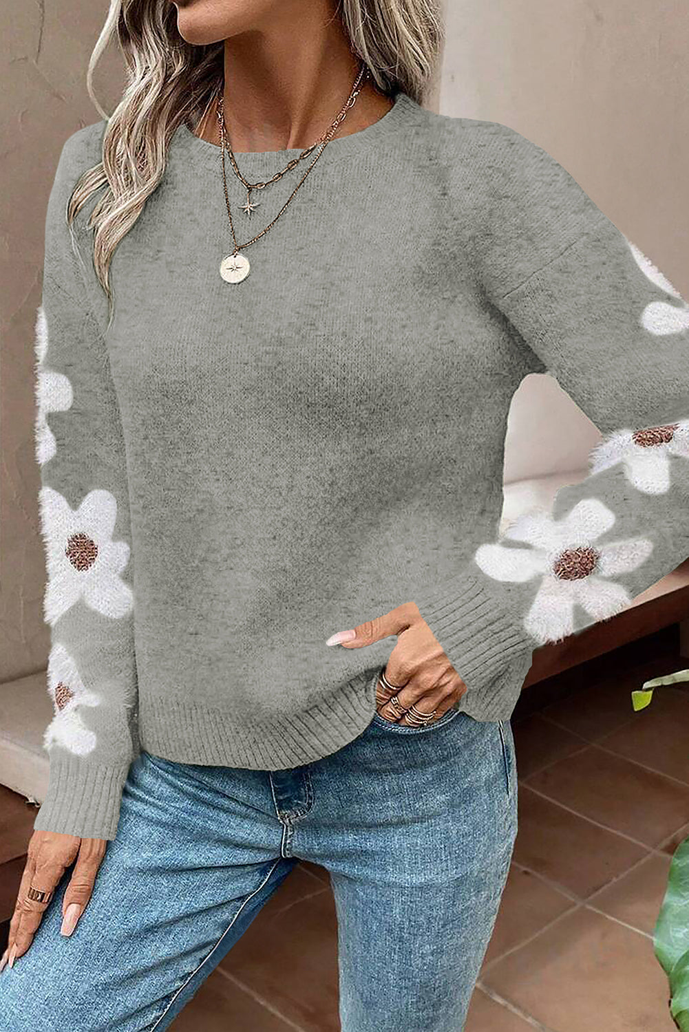 Light Grey Flower Sleeve Drop Shoulder Sweater - Sweaters & Cardigans/Sweaters