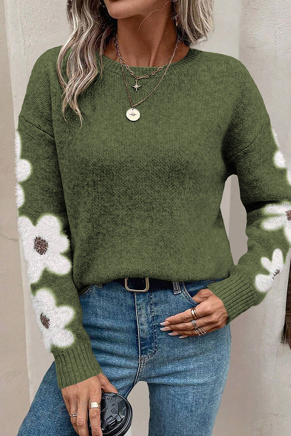 Light Grey Flower Sleeve Drop Shoulder Sweater - MOSS GREEN / S / 42% ACRYLIC + 30% POLYESTER + 28% POLYAMIDE