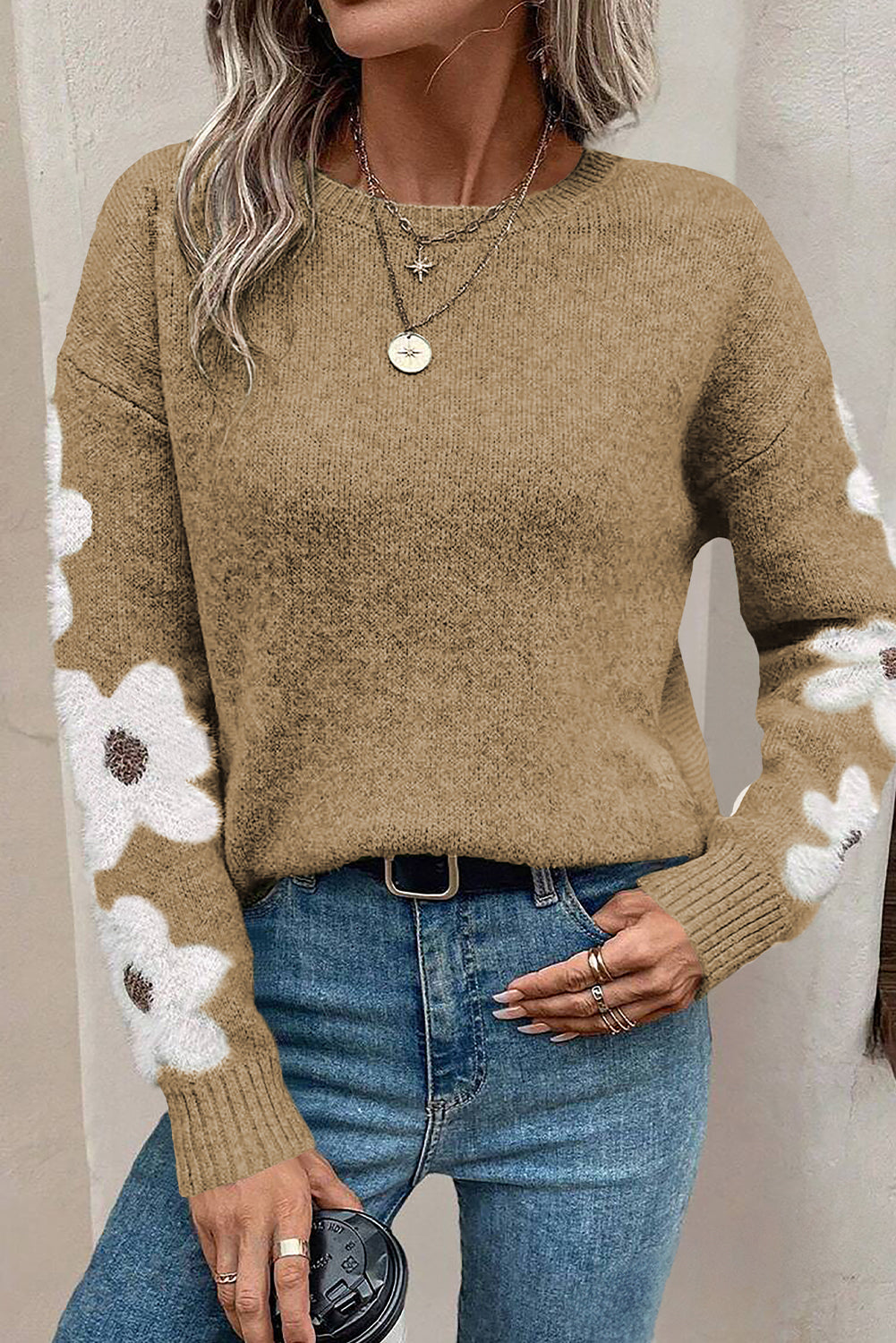 Light Grey Flower Sleeve Drop Shoulder Sweater - JET STREAM / S / 42% ACRYLIC + 30% POLYESTER + 28% POLYAMIDE