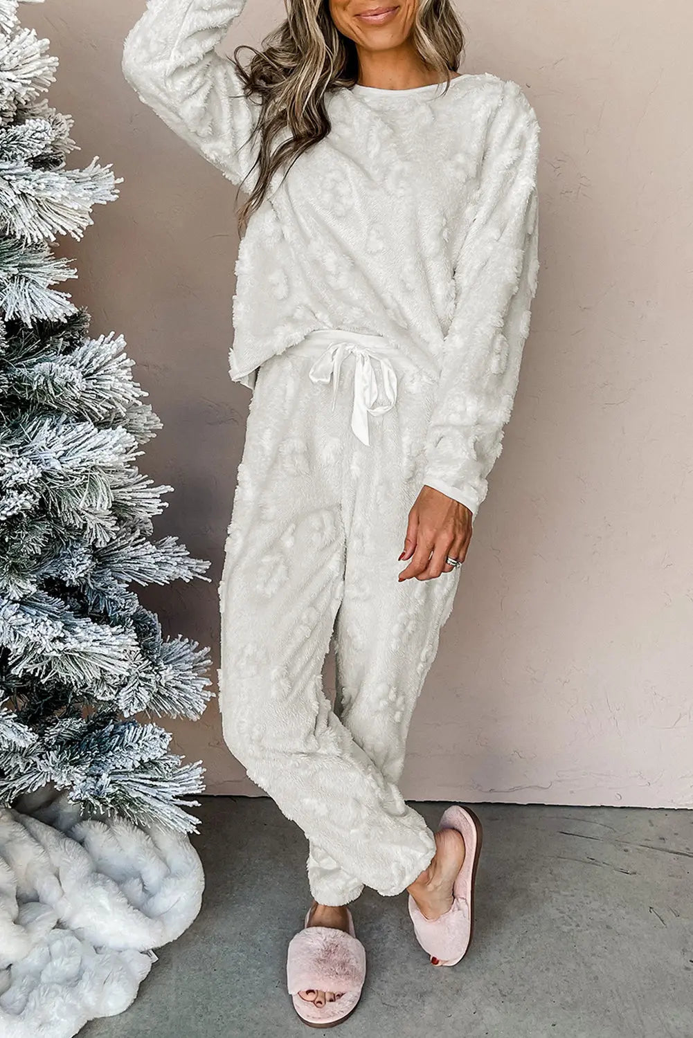 Light Grey Leopard Textured Loose Fit Fleece Pyjamas eAura