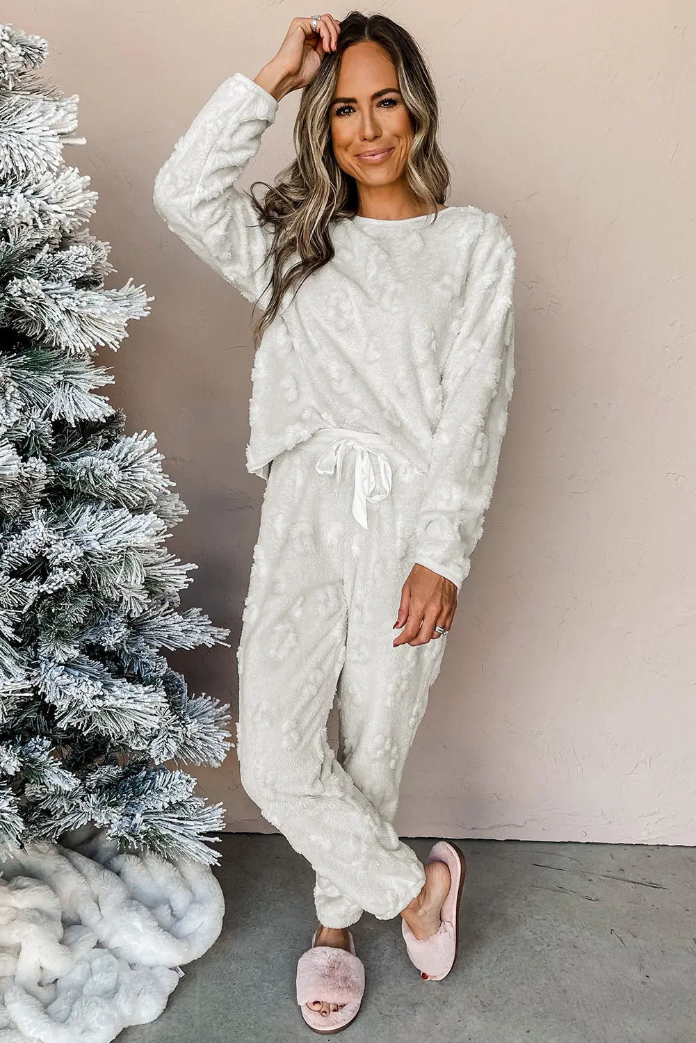Light Grey Leopard Textured Loose Fit Fleece Pyjamas eAura