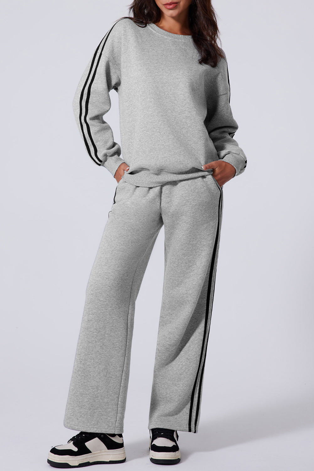 Light Grey Solid Colour Side Striped Sweatshirt Active Set - eAura