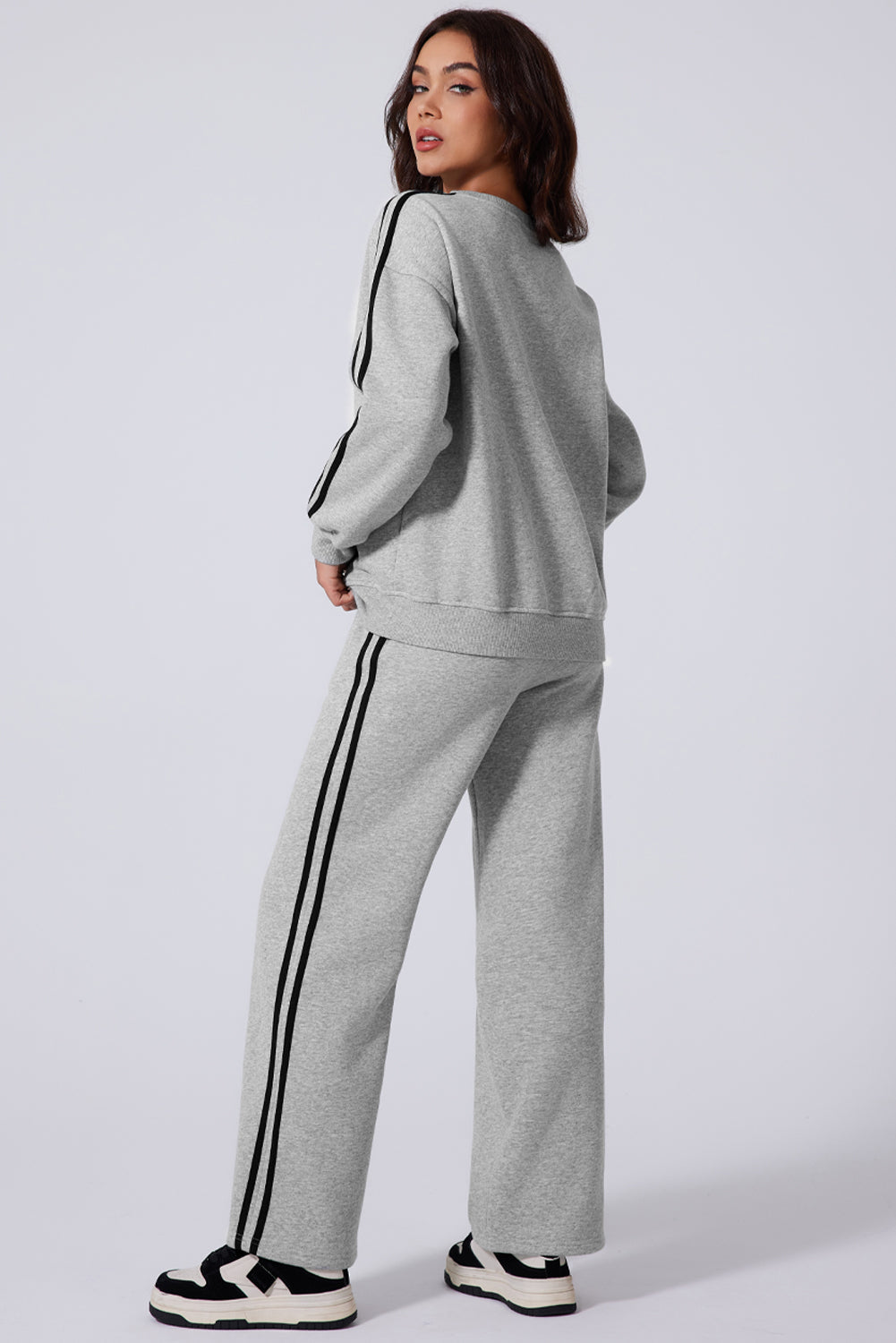 Light Grey Solid Colour Side Striped Sweatshirt Active Set - eAura