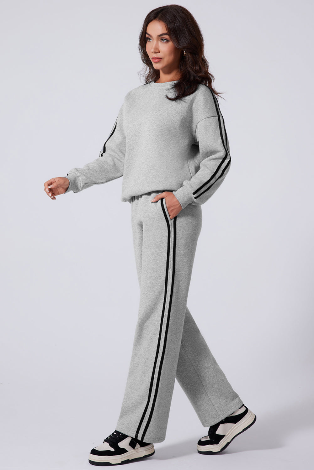 Light Grey Solid Colour Side Striped Sweatshirt Active Set - eAura