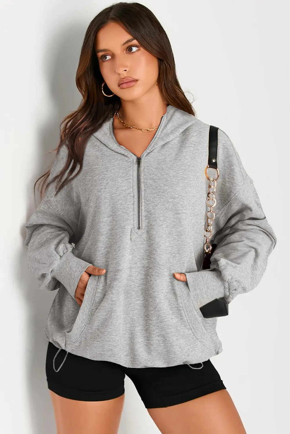 Light Grey Solid Kangaroo Pocket Half Zipper Oversized Hoodie Beagle Boutique Fashion Outlet