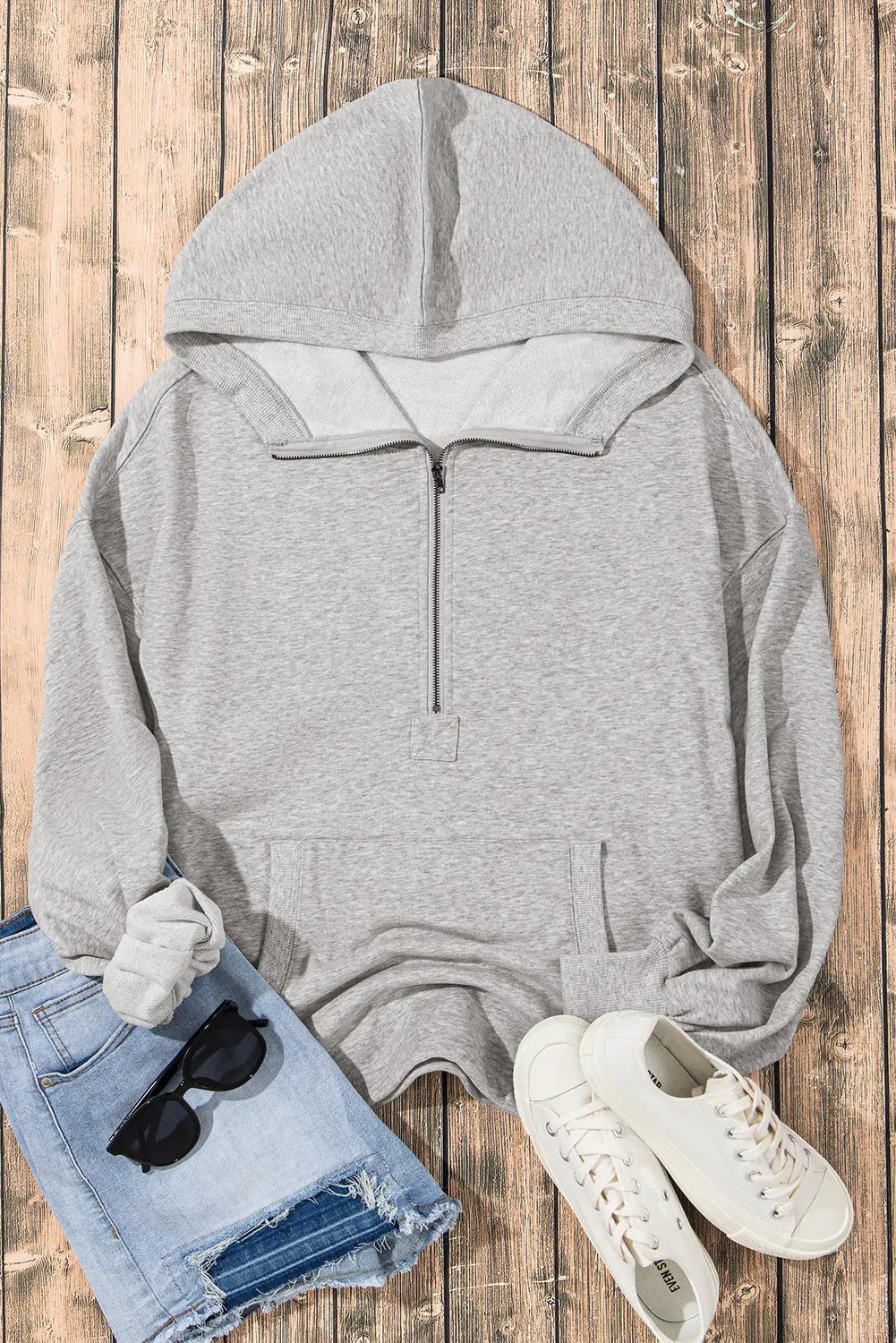 Light Grey Solid Kangaroo Pocket Half Zipper Oversized Hoodie Beagle Boutique Fashion Outlet