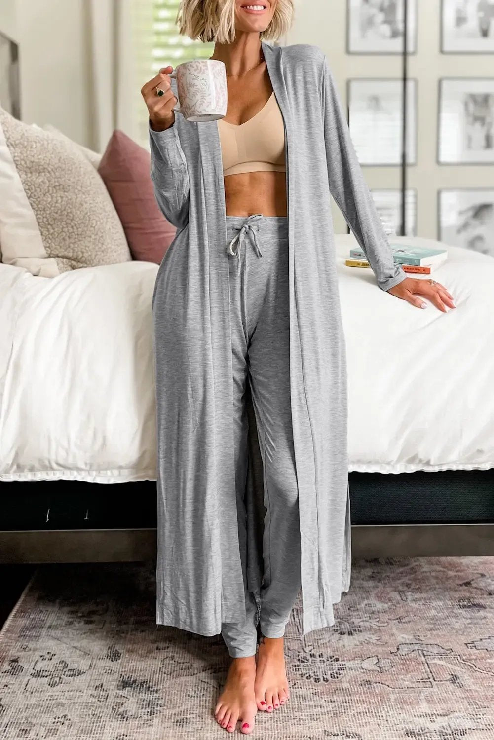Light Grey Split Long Cardigan Skinny Trousers Lounge Set