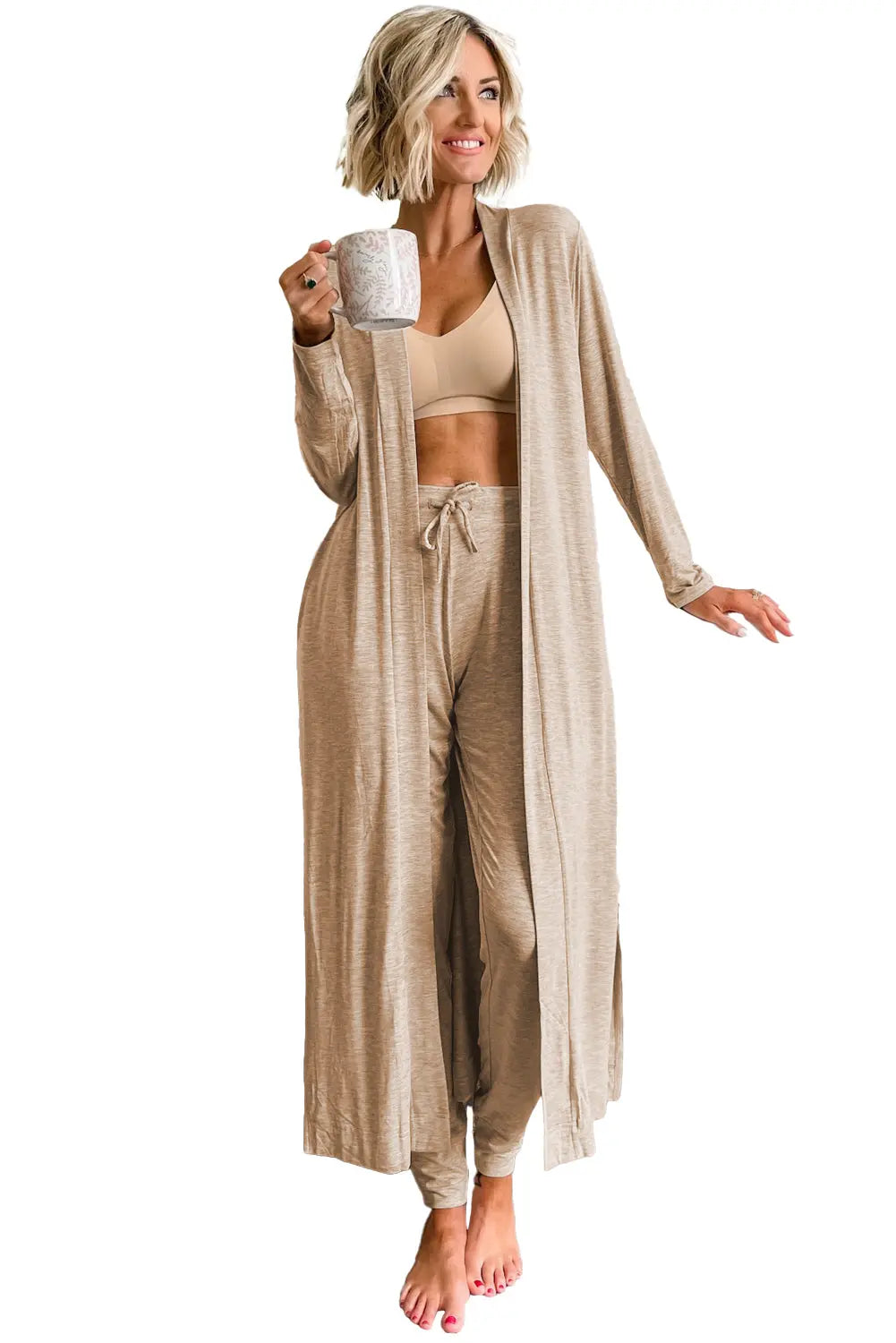 Light Grey Split Long Cardigan and Skinny Trousers Lounge Set eAura