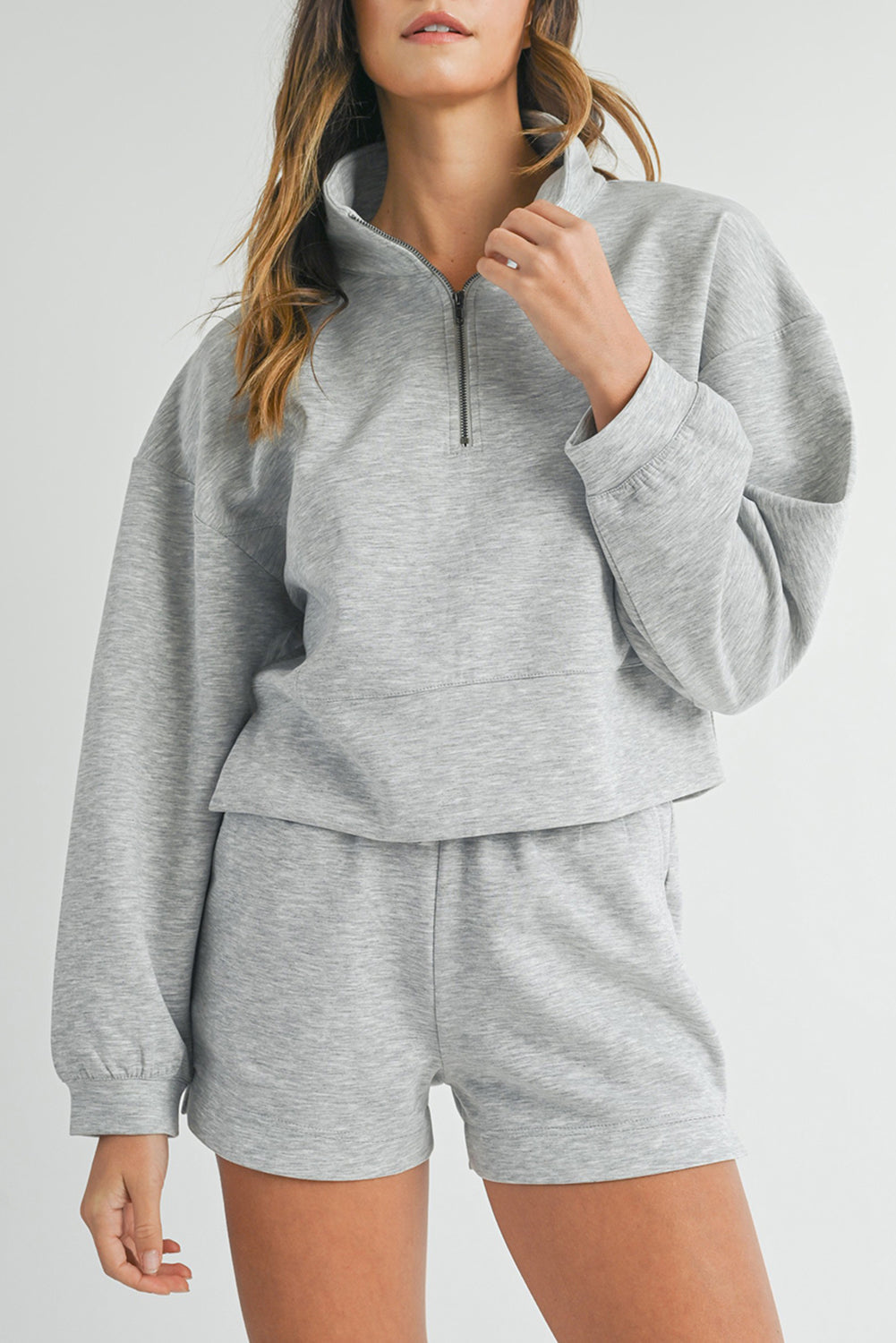 Light Grey Stand Neck Zipped Sweatshirt and Shorts Set - eAura
