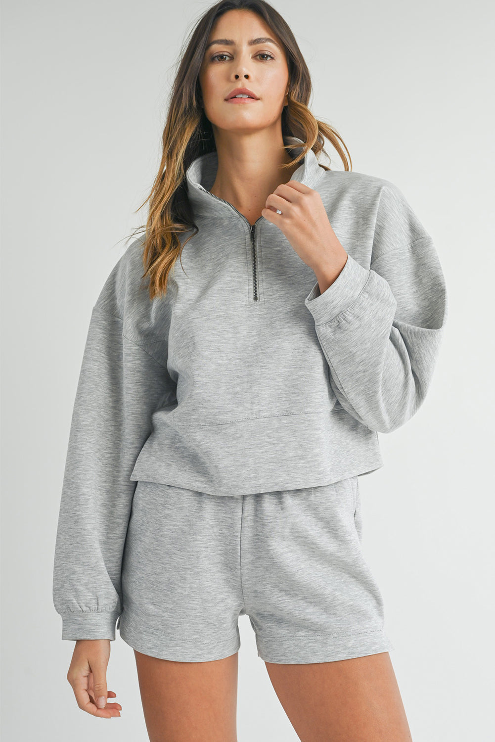 Light Grey Stand Neck Zipped Sweatshirt and Shorts Set - eAura