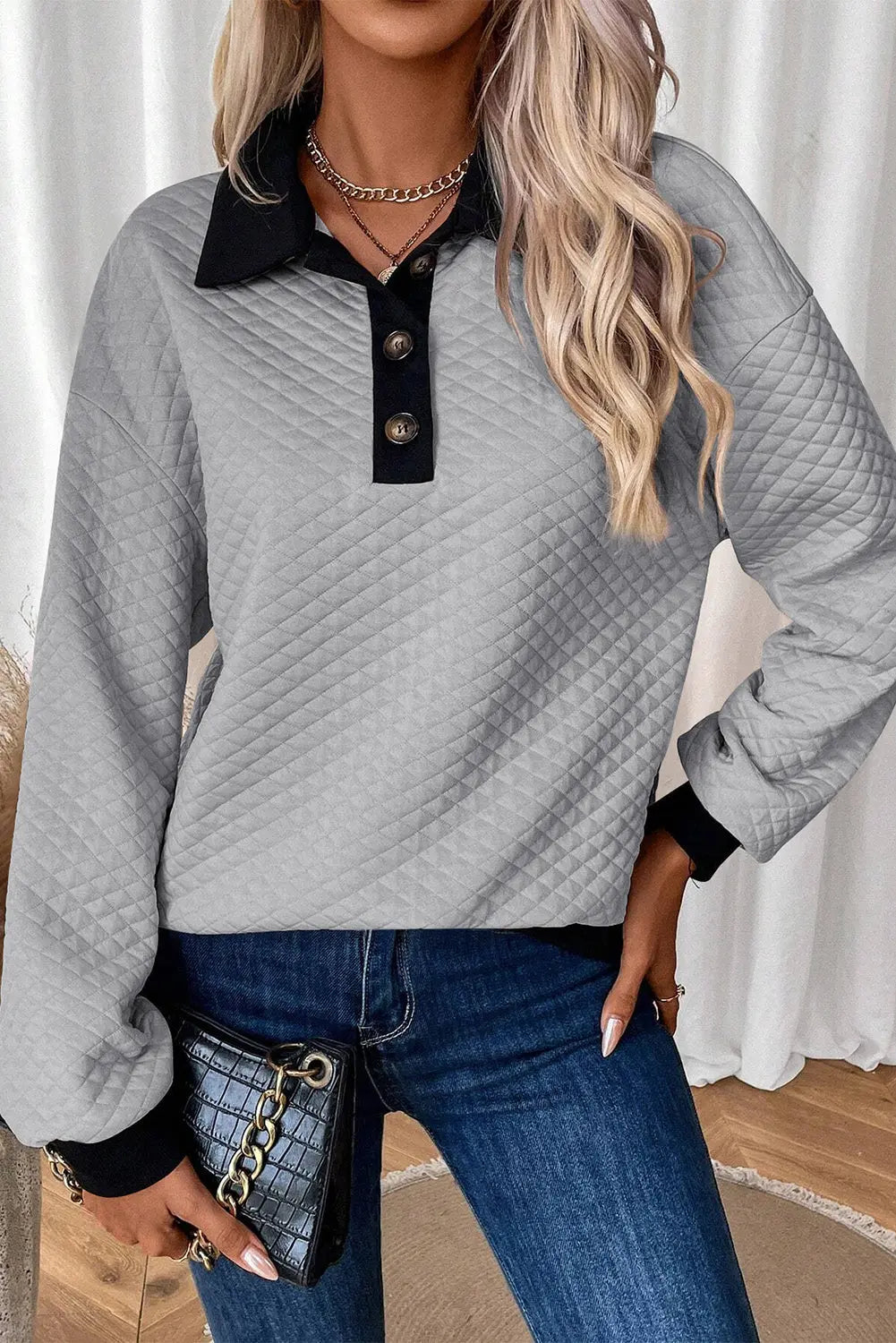 Light Grey Textured Colourblock Edge Buttoned Collar Sweatshirt Beagle Boutique Fashion Outlet