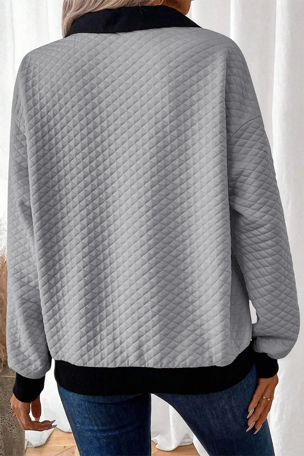 Light Grey Textured Colourblock Edge Buttoned Collar Sweatshirt Beagle Boutique Fashion Outlet