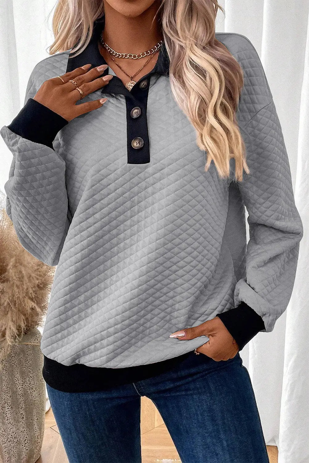 Light Grey Textured Colourblock Edge Buttoned Collar Sweatshirt Beagle Boutique Fashion Outlet