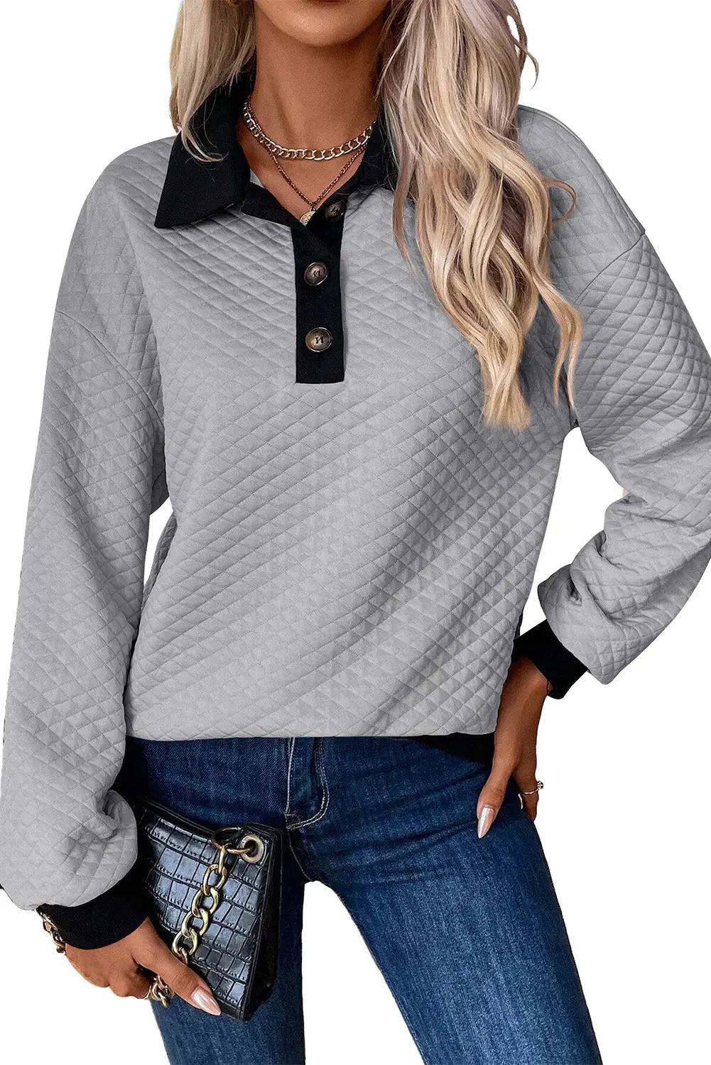 Light Grey Textured Colourblock Edge Buttoned Collar Sweatshirt Beagle Boutique Fashion Outlet