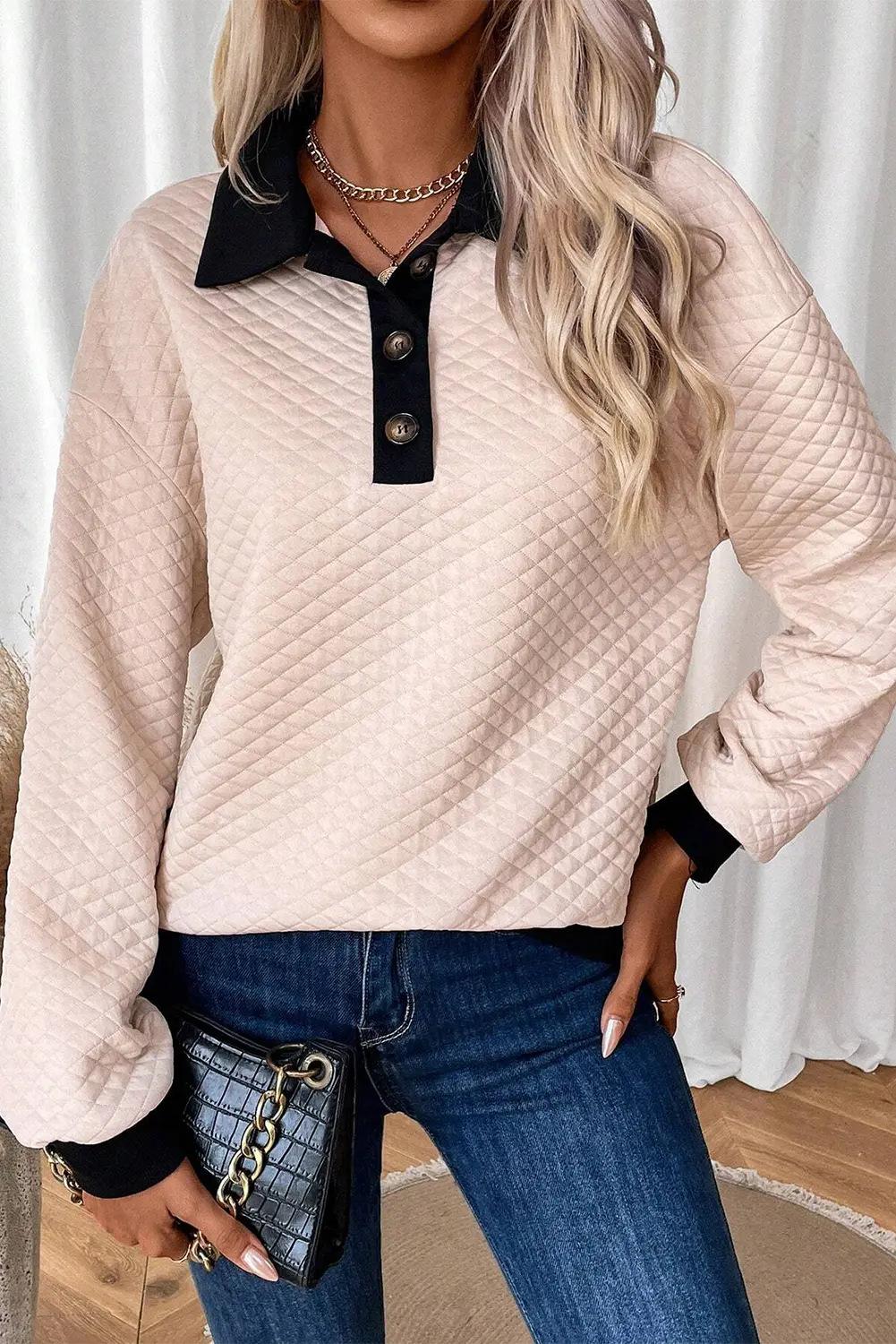 Light Grey Textured Colourblock Edge Buttoned Collar Sweatshirt Beagle Boutique Fashion Outlet