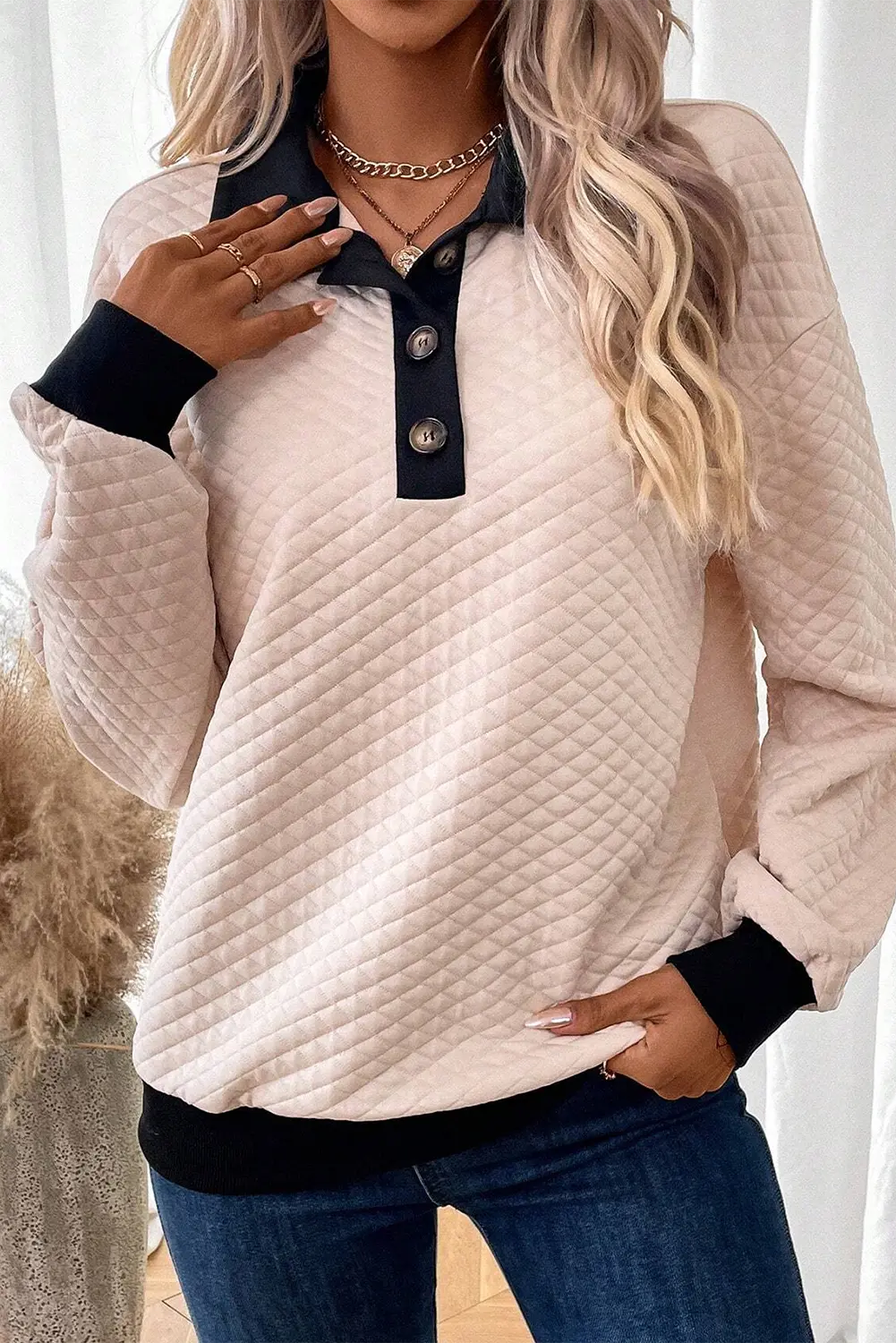 Light Grey Textured Colourblock Edge Buttoned Collar Sweatshirt Beagle Boutique Fashion Outlet