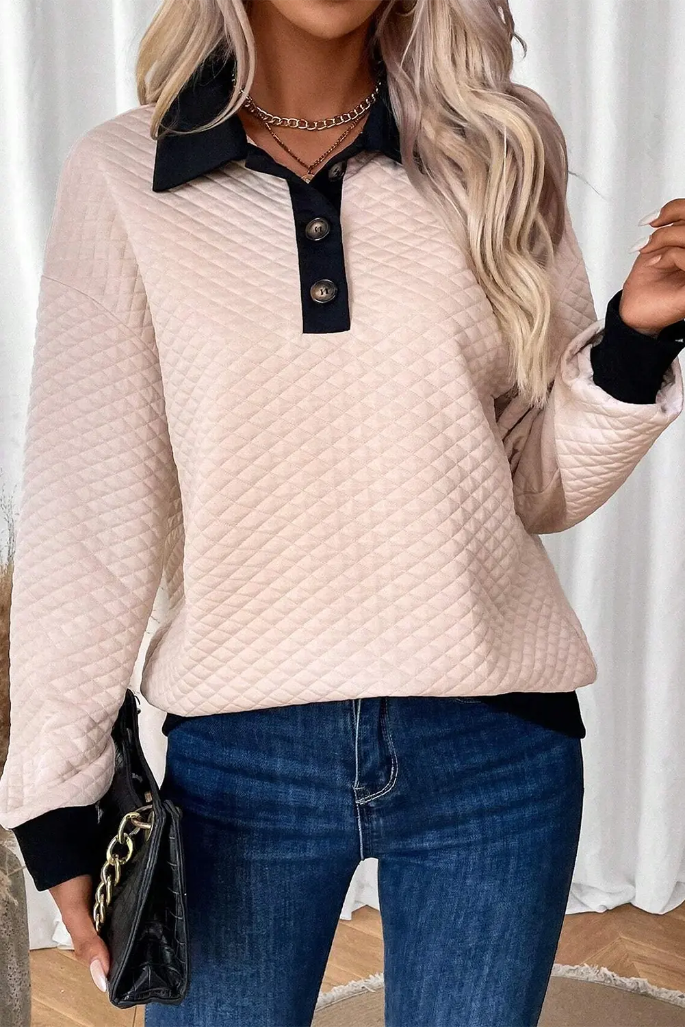 Light Grey Textured Colourblock Edge Buttoned Collar Sweatshirt Beagle Boutique Fashion Outlet