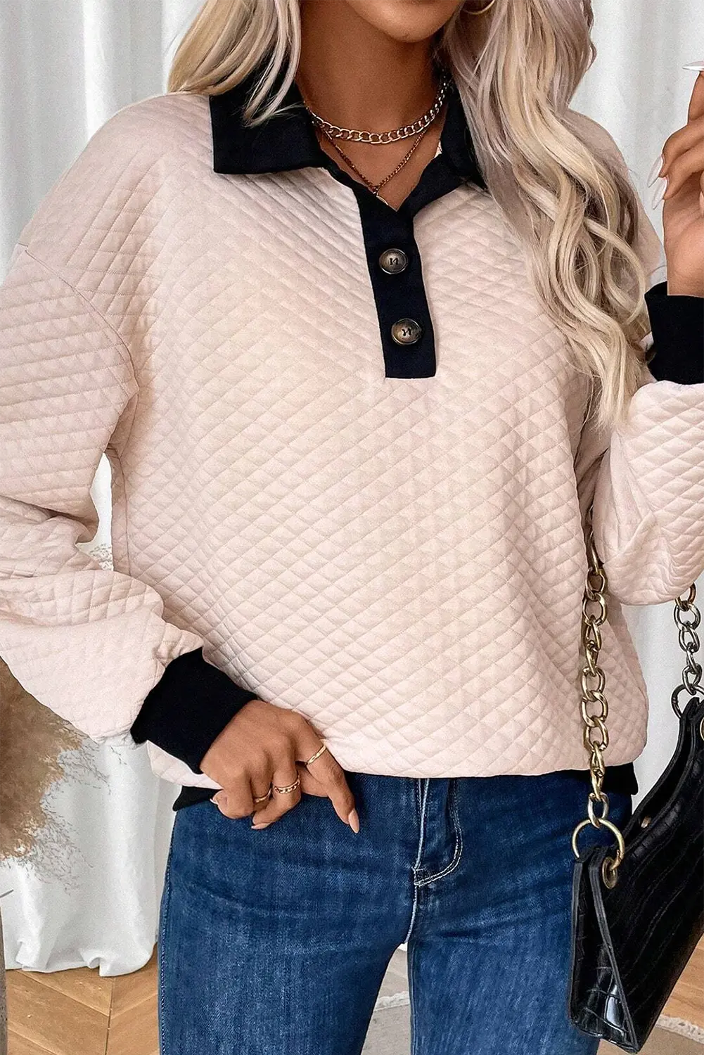 Light Grey Textured Colourblock Edge Buttoned Collar Sweatshirt Beagle Boutique Fashion Outlet