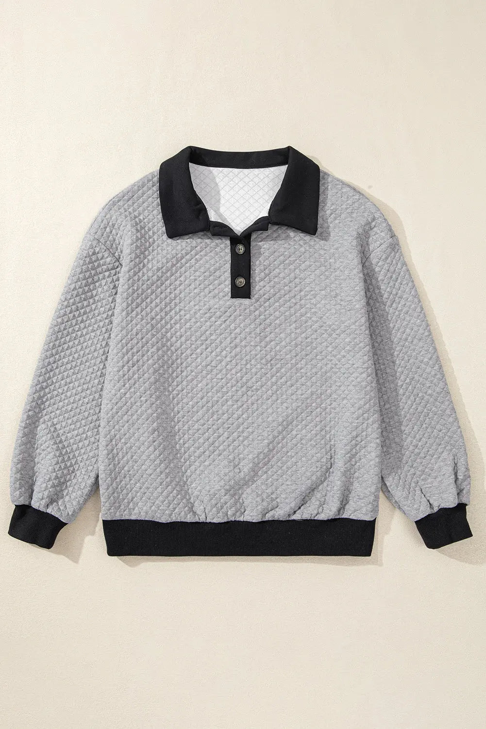 Light Grey Textured Colourblock Edge Buttoned Collar Sweatshirt Beagle Boutique Fashion Outlet