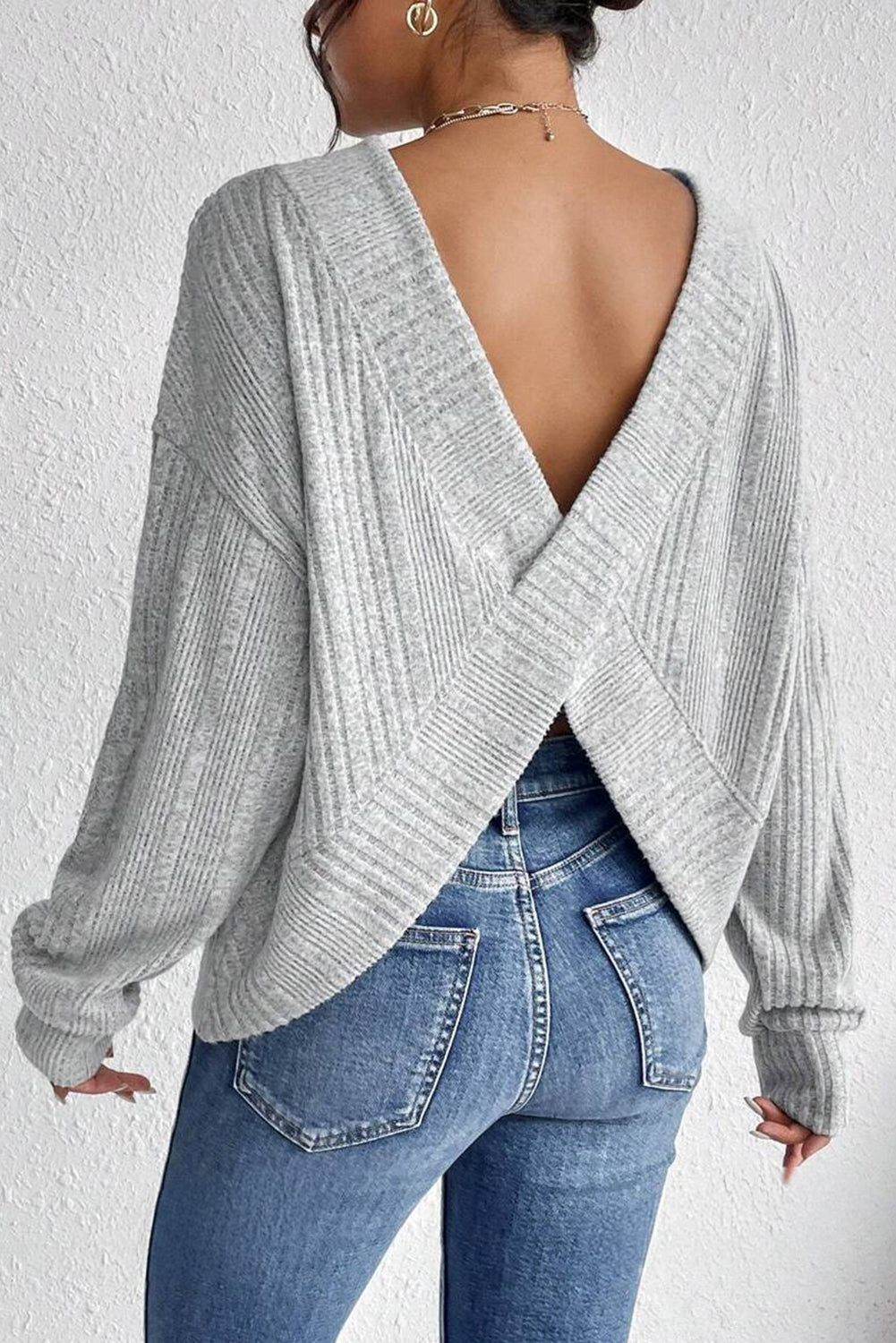 Light Grey Textured Crossover Backless Knit Long Sleeve Top - eAura