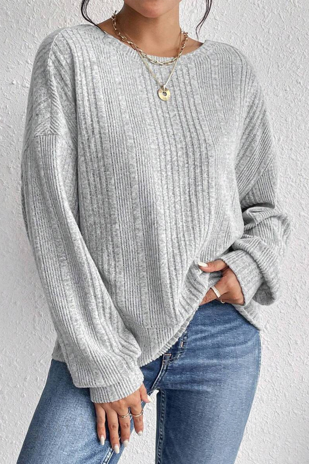 Light Grey Textured Crossover Backless Knit Long Sleeve Top - eAura