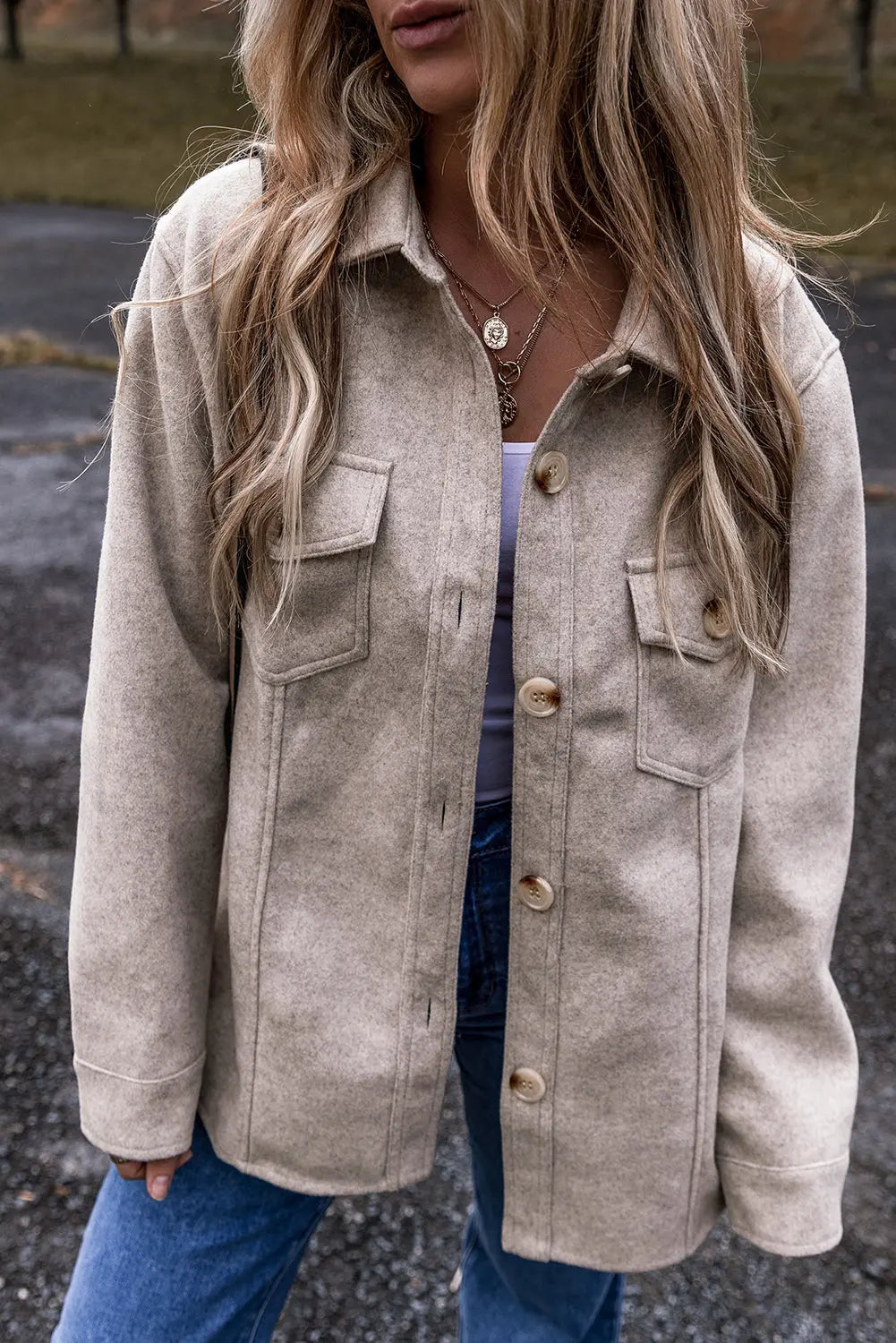 Light Grey Turn Down Collar Flap Pockets Buttoned Shacket Beagle Boutique Fashion Outlet
