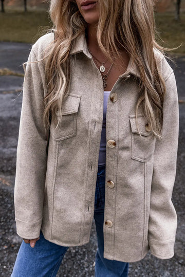 Light Grey Turn Down Collar Flap Pockets Buttoned Shacket Beagle Boutique Fashion Outlet