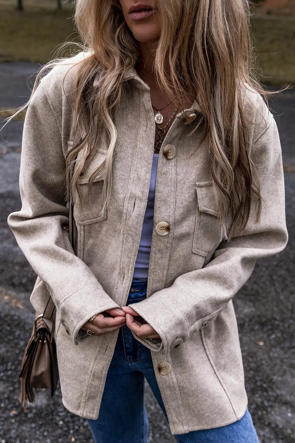 Light Grey Turn Down Collar Flap Pockets Buttoned Shacket Beagle Boutique Fashion Outlet