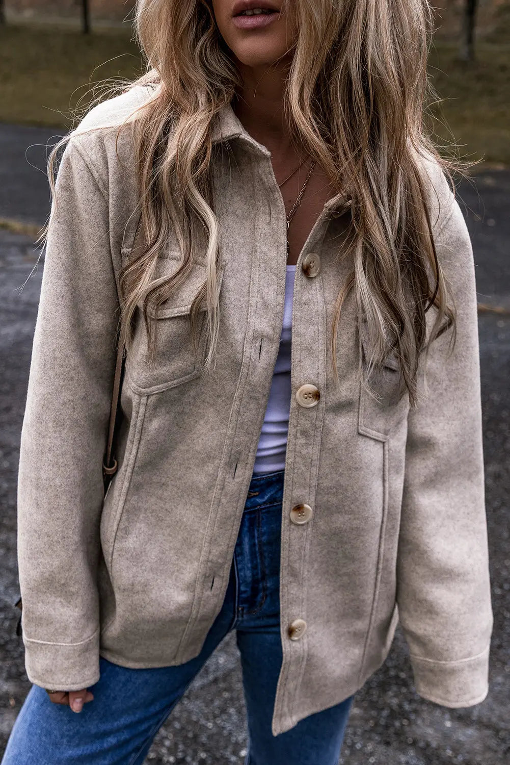Light Grey Turn Down Collar Flap Pockets Buttoned Shacket Beagle Boutique Fashion Outlet