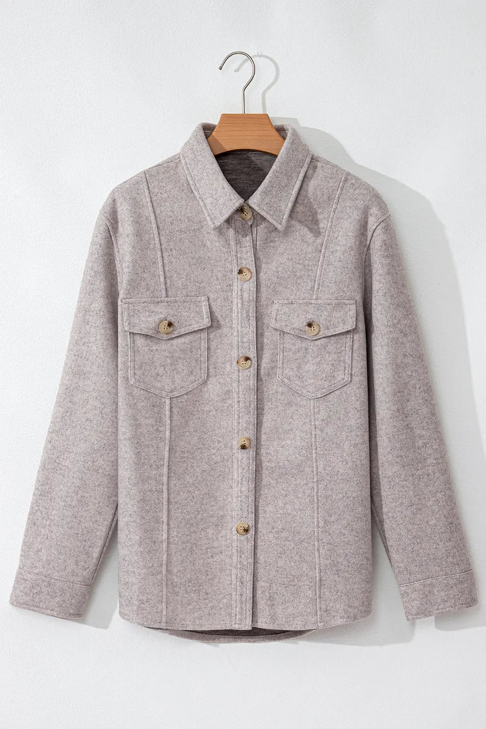 Light Grey Turn Down Collar Flap Pockets Buttoned Shacket Beagle Boutique Fashion Outlet
