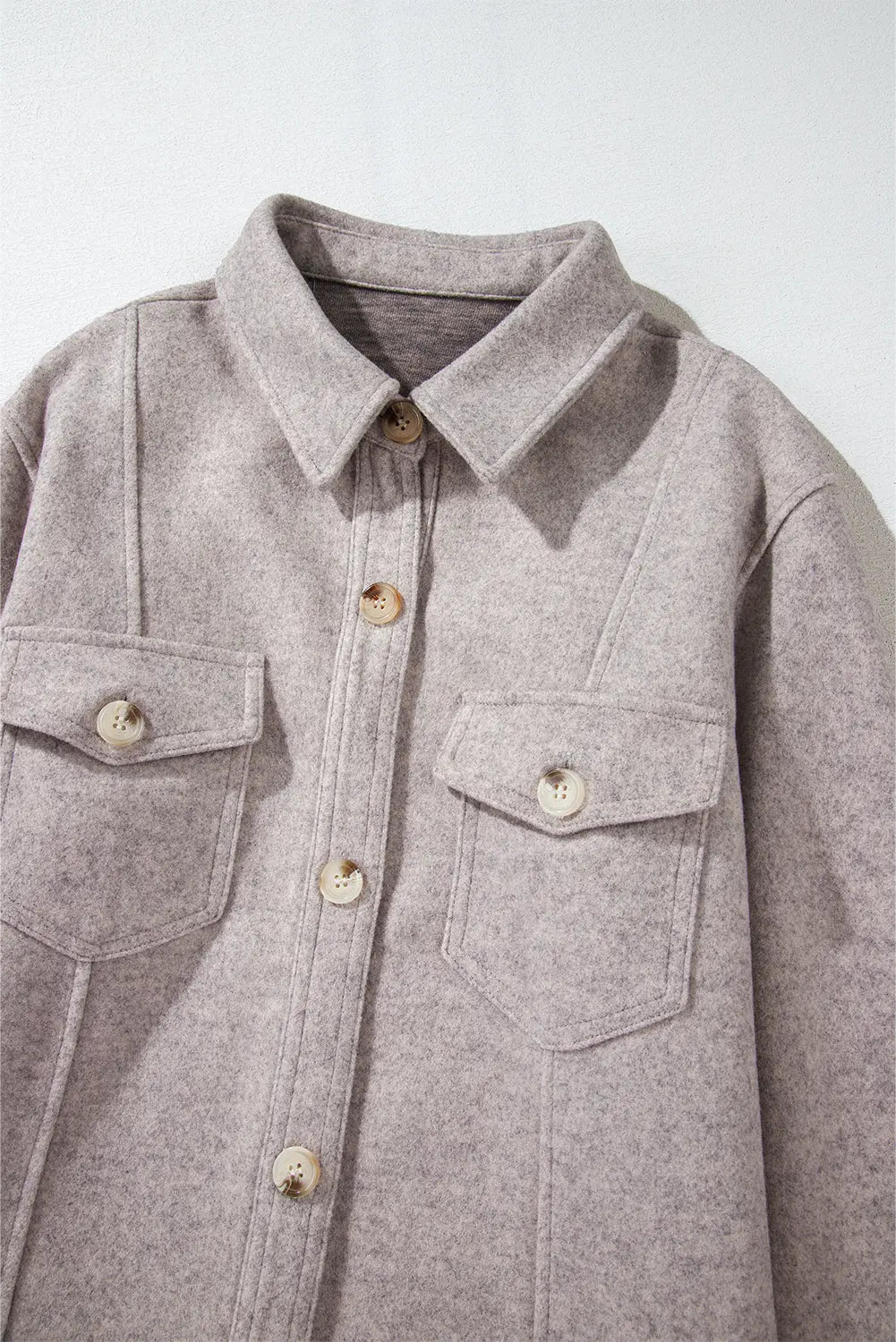 Light Grey Turn Down Collar Flap Pockets Buttoned Shacket Beagle Boutique Fashion Outlet