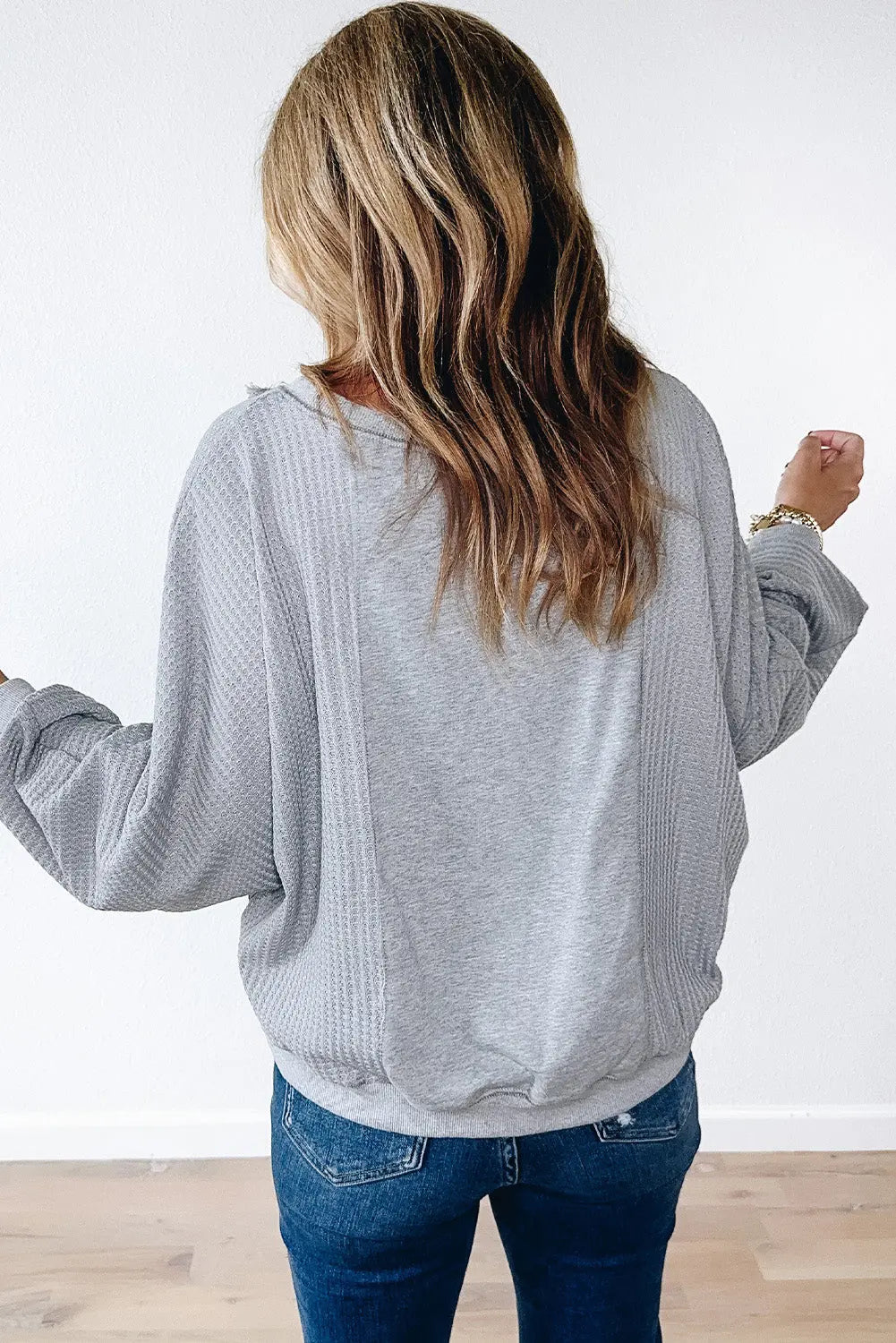 Light Grey Waffle Patchwork Long Sleeve Raw Hem Pullover Top Beagle Boutique Fashion Outlet