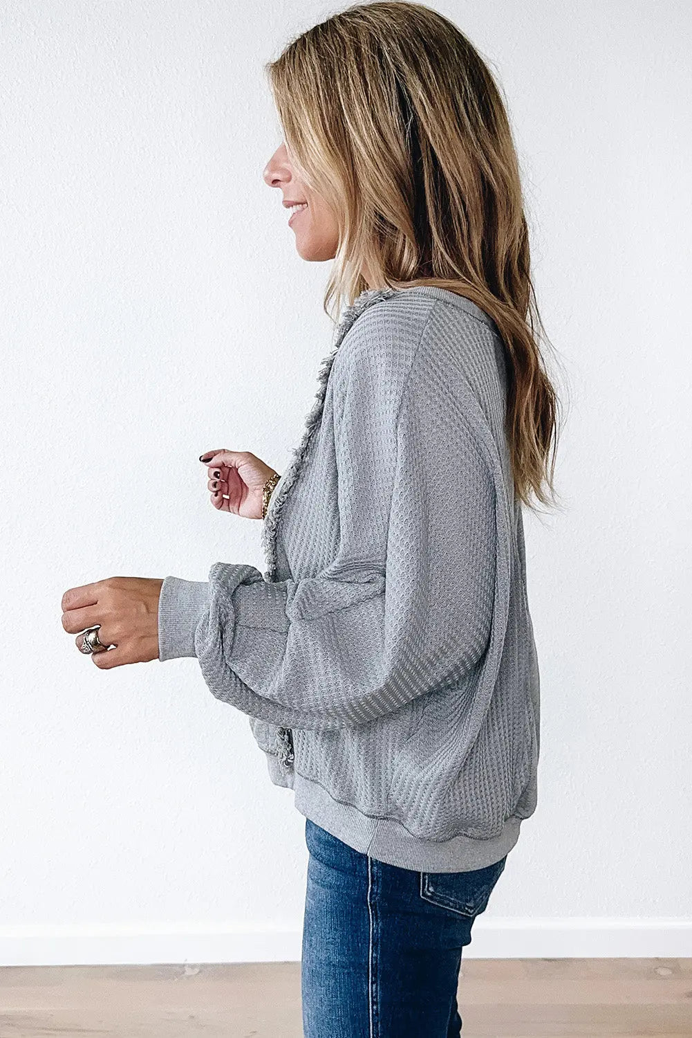 Light Grey Waffle Patchwork Long Sleeve Raw Hem Pullover Top Beagle Boutique Fashion Outlet
