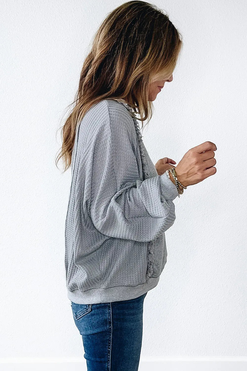 Light Grey Waffle Patchwork Long Sleeve Raw Hem Pullover Top Beagle Boutique Fashion Outlet