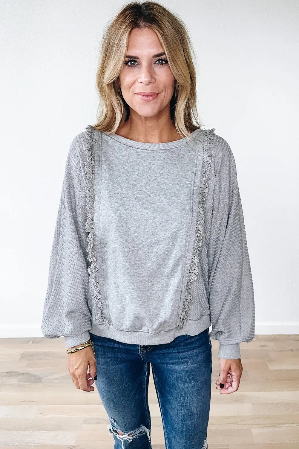 Light Grey Waffle Patchwork Long Sleeve Raw Hem Pullover Top Beagle Boutique Fashion Outlet