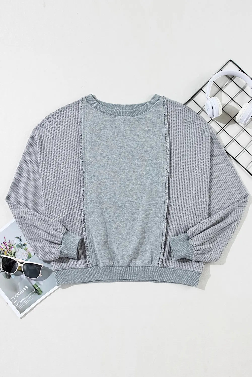Light Grey Waffle Patchwork Long Sleeve Raw Hem Pullover Top Beagle Boutique Fashion Outlet