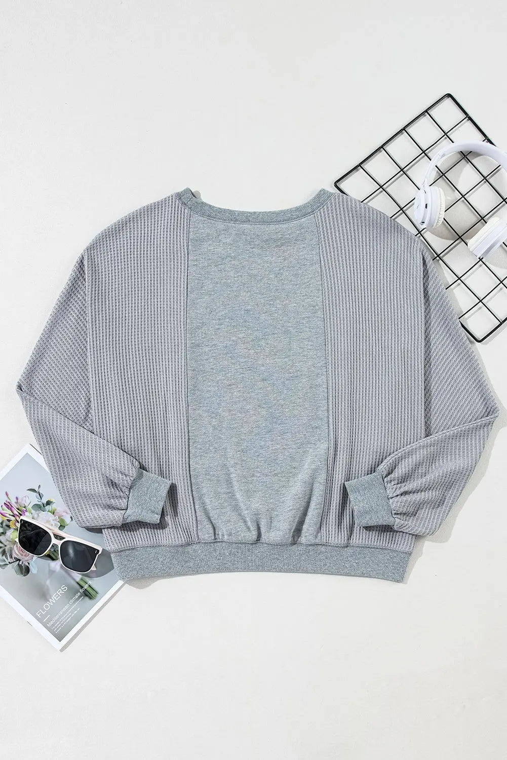 Light Grey Waffle Patchwork Long Sleeve Raw Hem Pullover Top Beagle Boutique Fashion Outlet