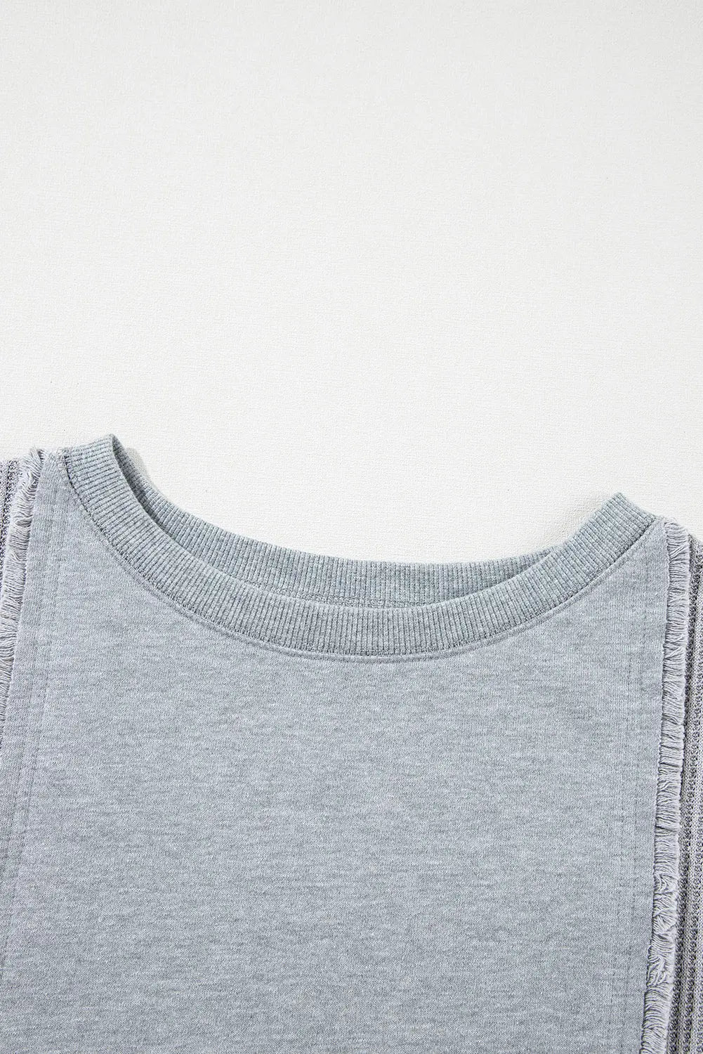 Light Grey Waffle Patchwork Long Sleeve Raw Hem Pullover Top Beagle Boutique Fashion Outlet
