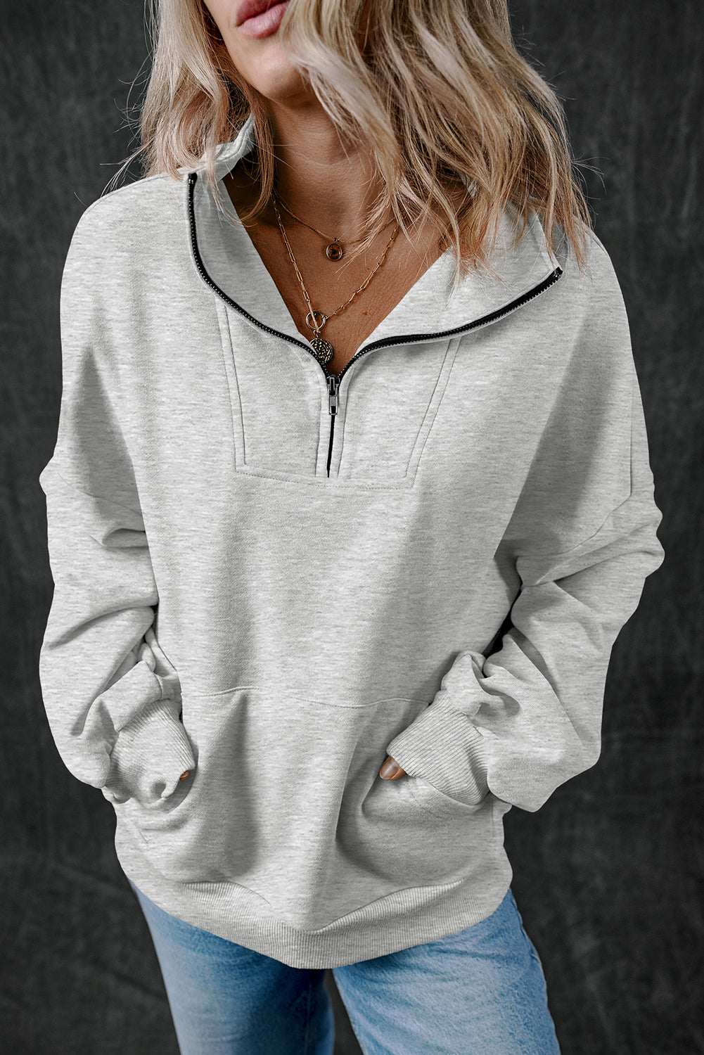 Light Grey Zip-up Stand Neck Kangaroo Pocket Sweatshirt - eAura