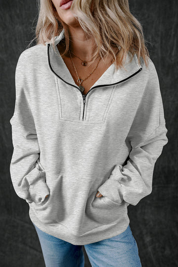 Light Grey Zip-up Stand Neck Kangaroo Pocket Sweatshirt - LIGHT GREY / S / 50% POLYESTER + 50% COTTON