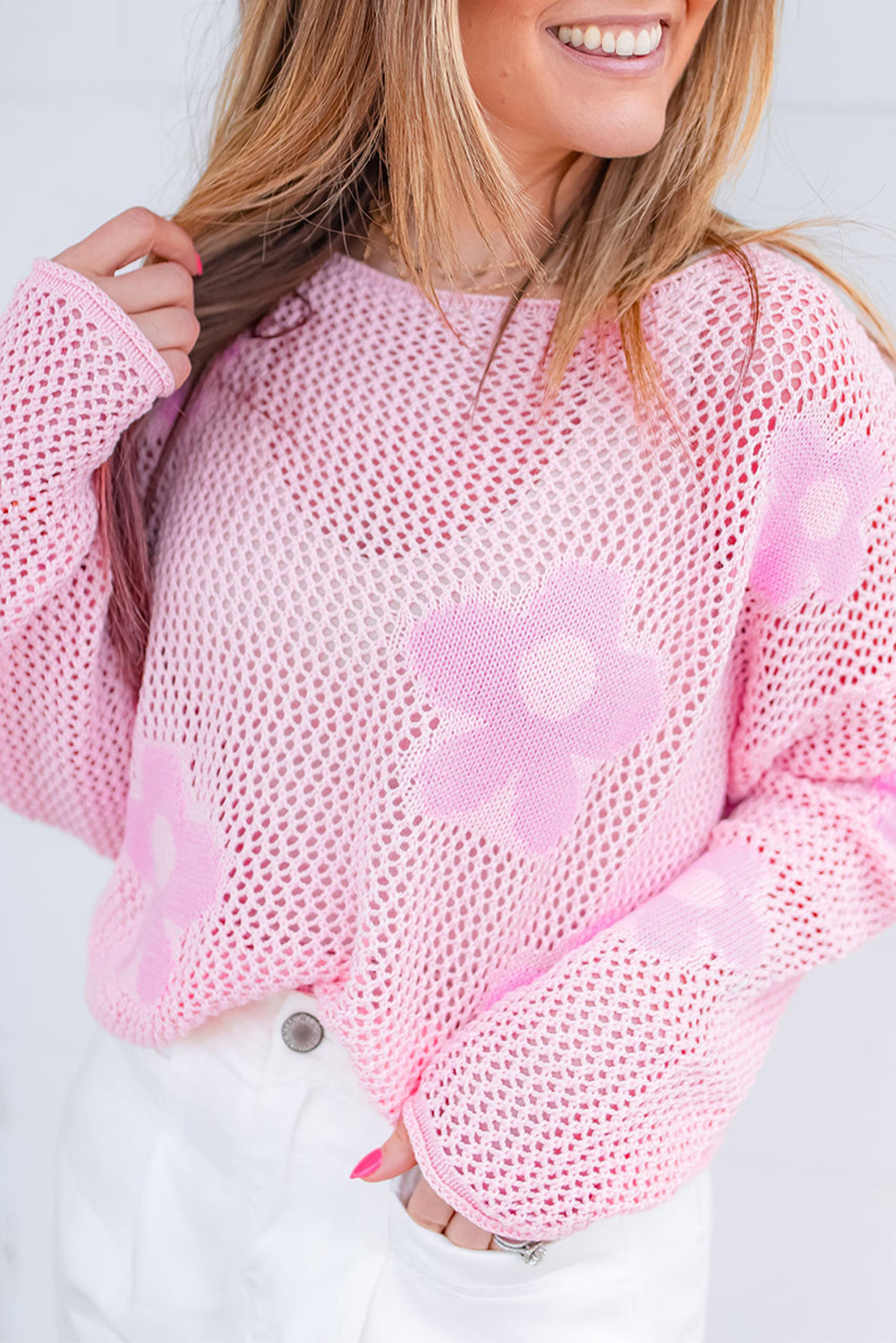 Light Pink Big Flower Hollowed Knit Drop Shoulder Sweater - eAura