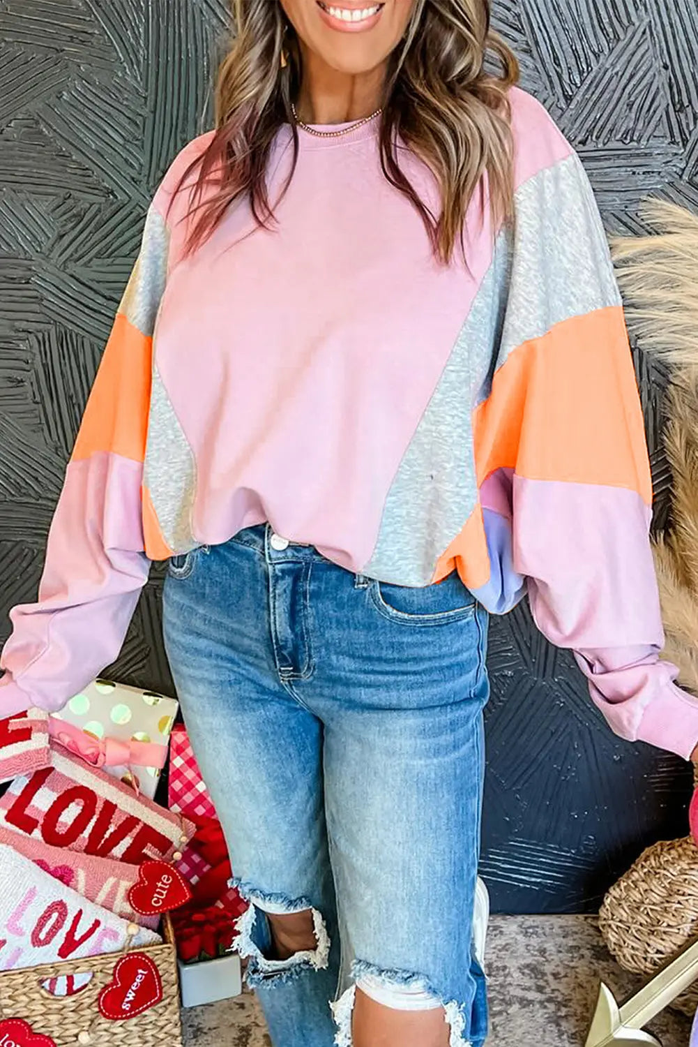 Light Pink Colour Block Batwing Sleeve Loose Fit Sweatshirt Beagle Boutique Fashion Outlet
