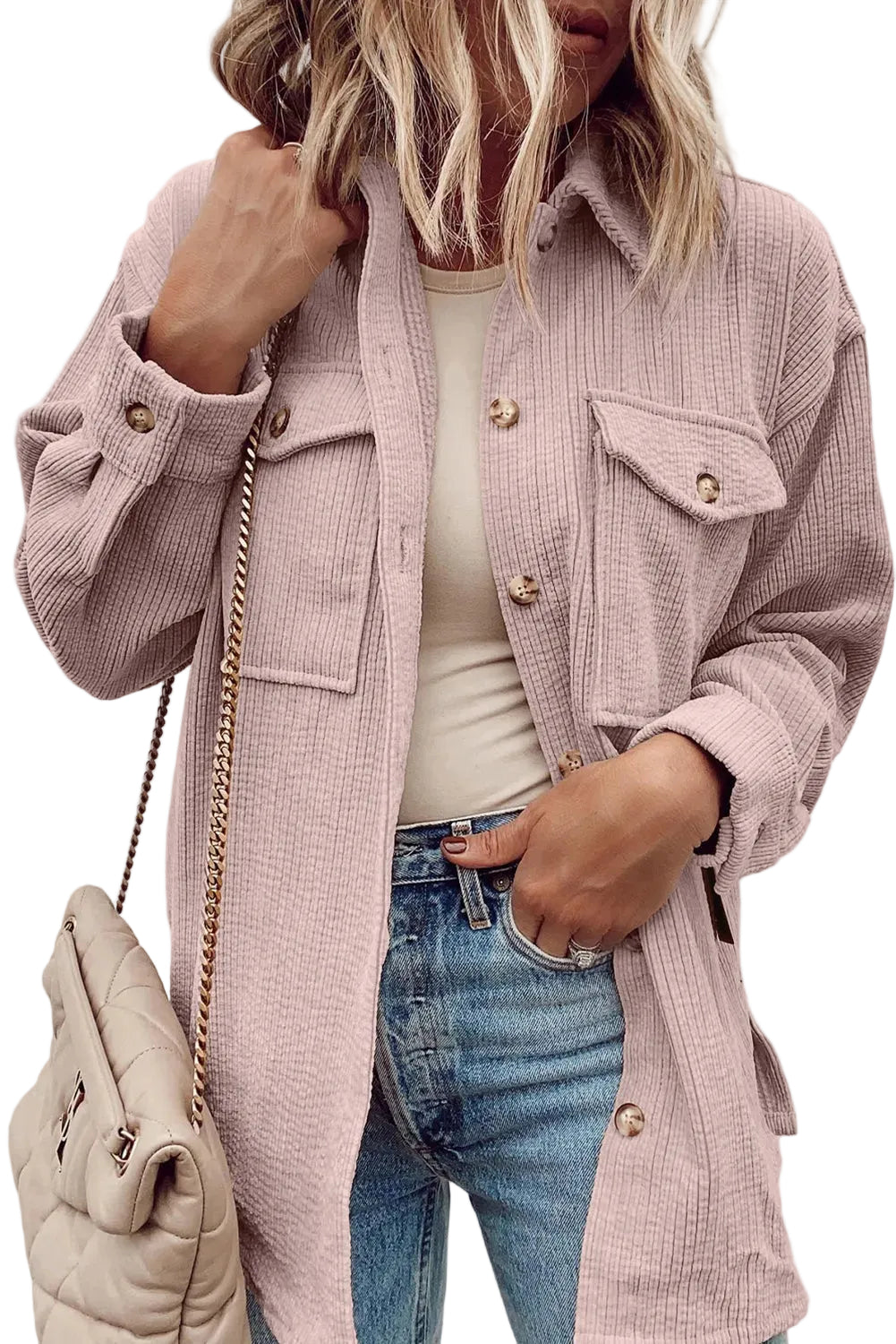 Light Pink Corduroy Flap Pocket Button Up Shacket - LIGHT PINK / S / 75% POLYESTER + 20% VISCOSE + 5% ELASTANE