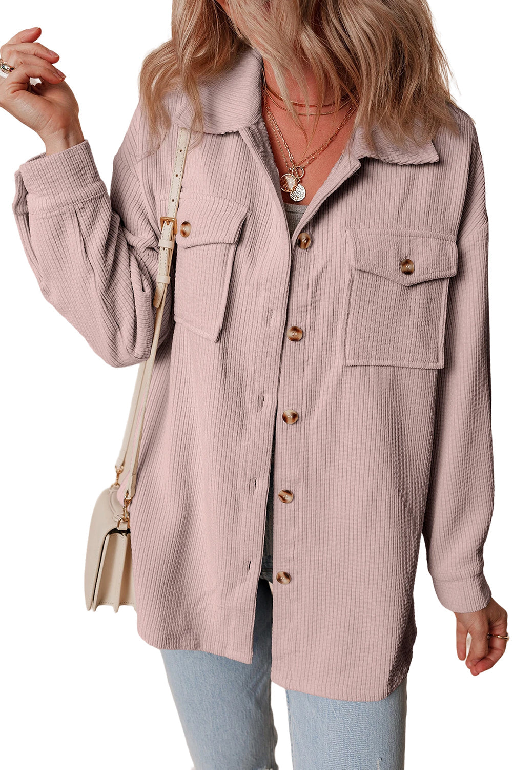Light Pink Corduroy Flap Pocket Button Up Shacket - Outerwear/Jackets