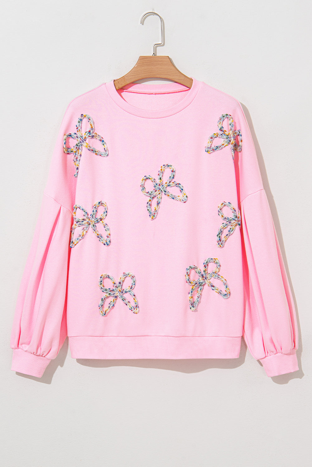 Light Pink Embroidered Bow Lantern Sleeve Oversized Pullover Sweatshirt - LIGHT PINK / S / 65% POLYESTER + 35% COTTON