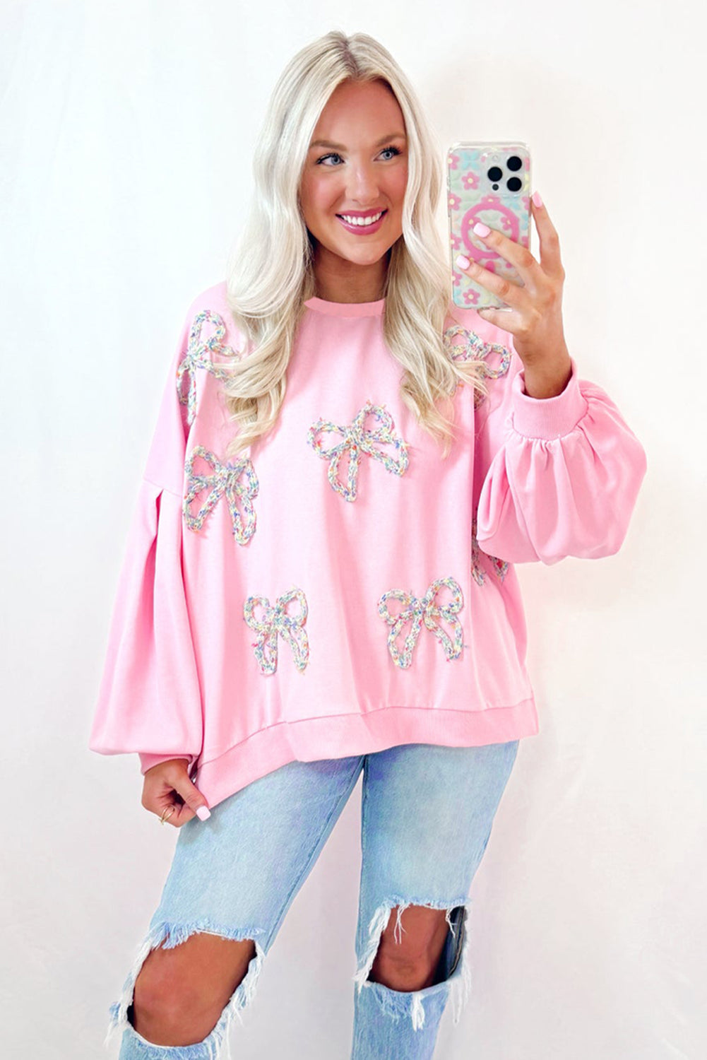 Light Pink Embroidered Bow Lantern Sleeve Oversized Pullover Sweatshirt - Tops/Sweatshirts & Hoodies