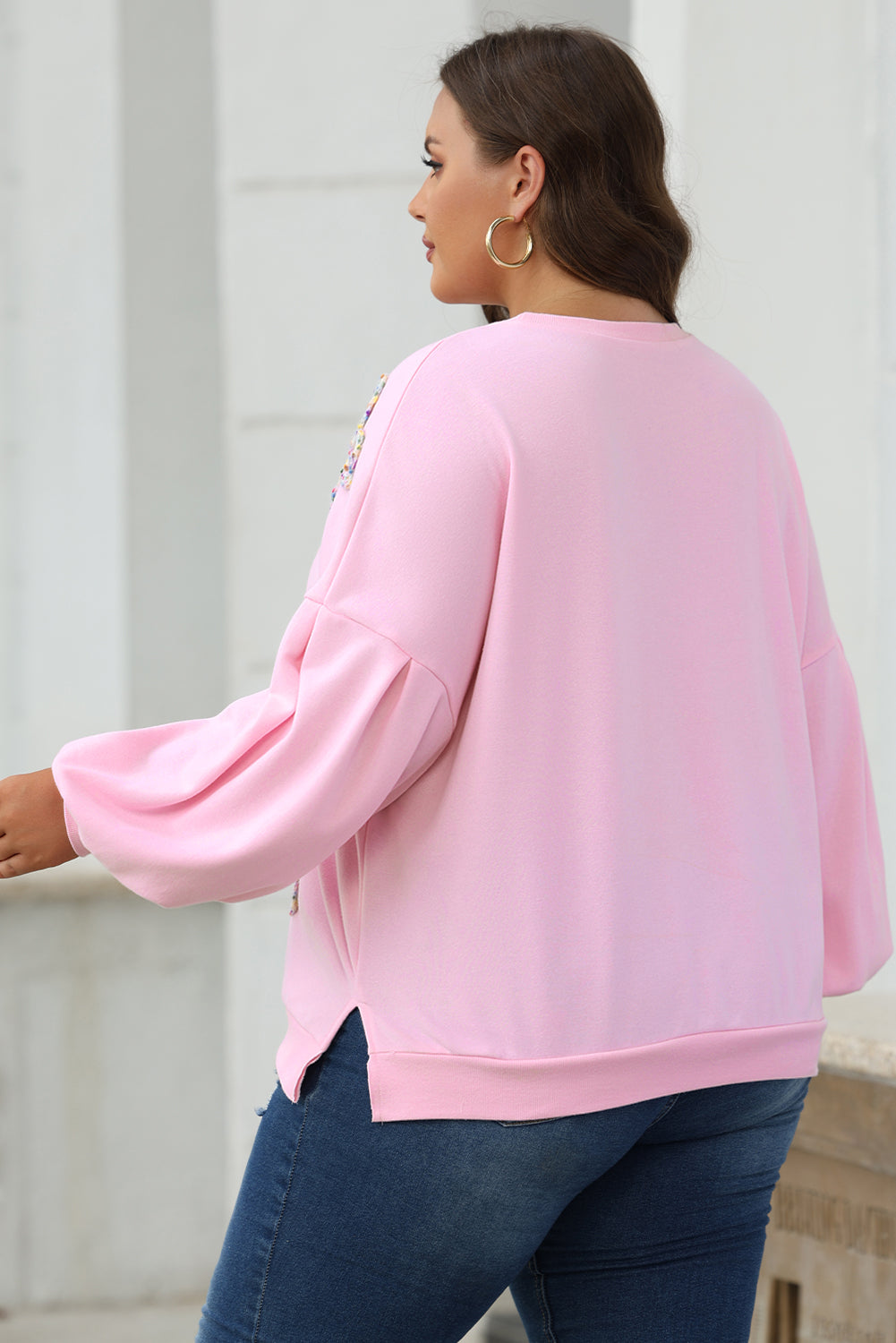 Light Pink Embroidered Bow Lantern Sleeve Oversized Pullover Sweatshirt - Tops/Sweatshirts & Hoodies